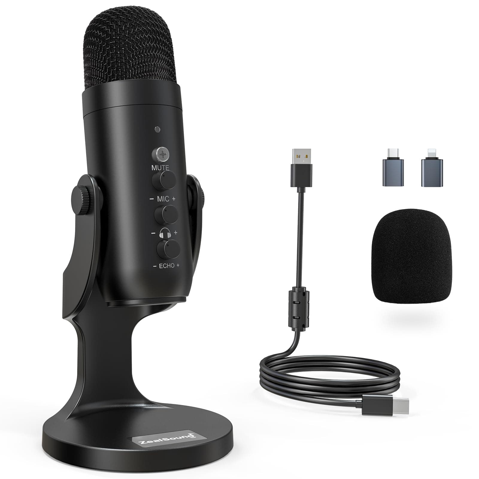 zealsound USB Kondensator Mikrofon für PC Laptop Handy, Plug & Play Tischmikrofon mit Rauschunterdrückung, Mute, Gain & Echo, für Gaming, Streaming, Podcast, ASM & Aufnahmen, k66 Schwarz product image
