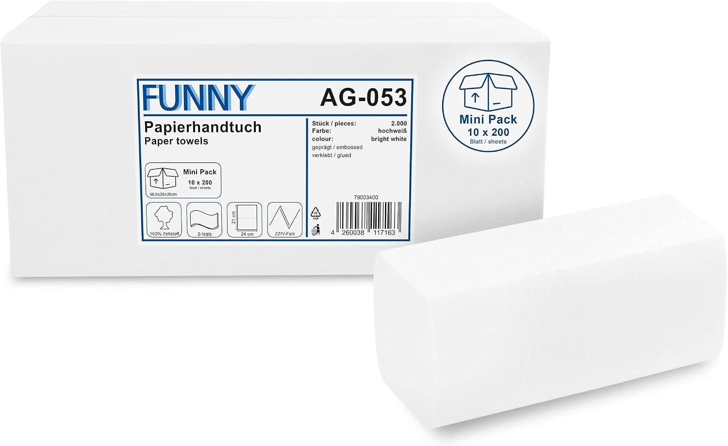 Funny AG-053 2-Ply Deep V Fold 24 x 21 cm Bright White Paper Towels - Pack of 2000 Sheets product image