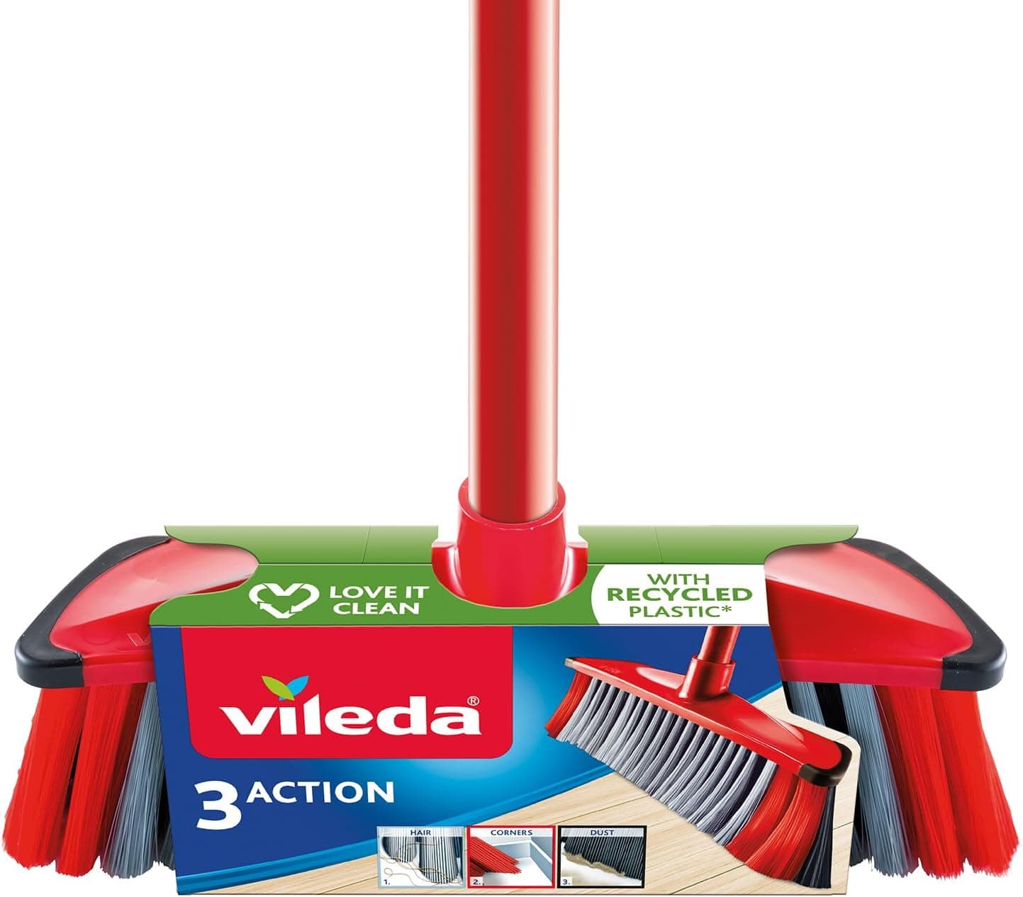Vileda 3Action Indoor Broom with 3 Different Bristles, Red - Grey, 28 x 14 x 4 cm product image