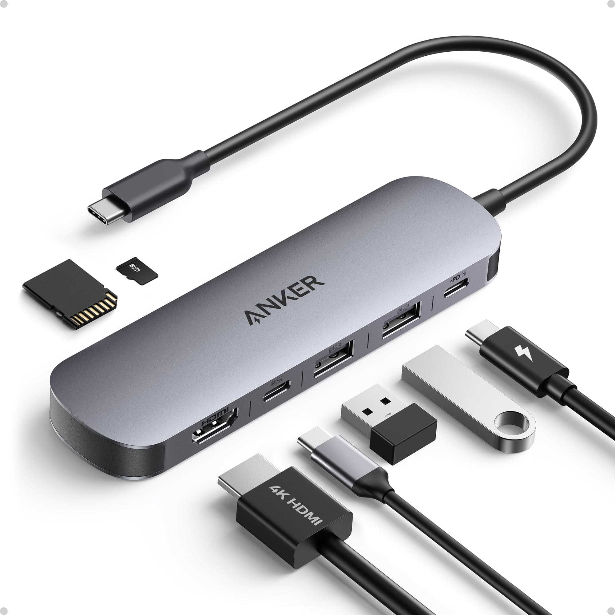 Anker 7-in-1 USB-C Hub mit 4K@60Hz HDMI, 85W Power Delivery, USB-A/C-3.0-Ports und SD/microSD-Kartenleser für USB-C Geräte (ohne Netzteil) product image