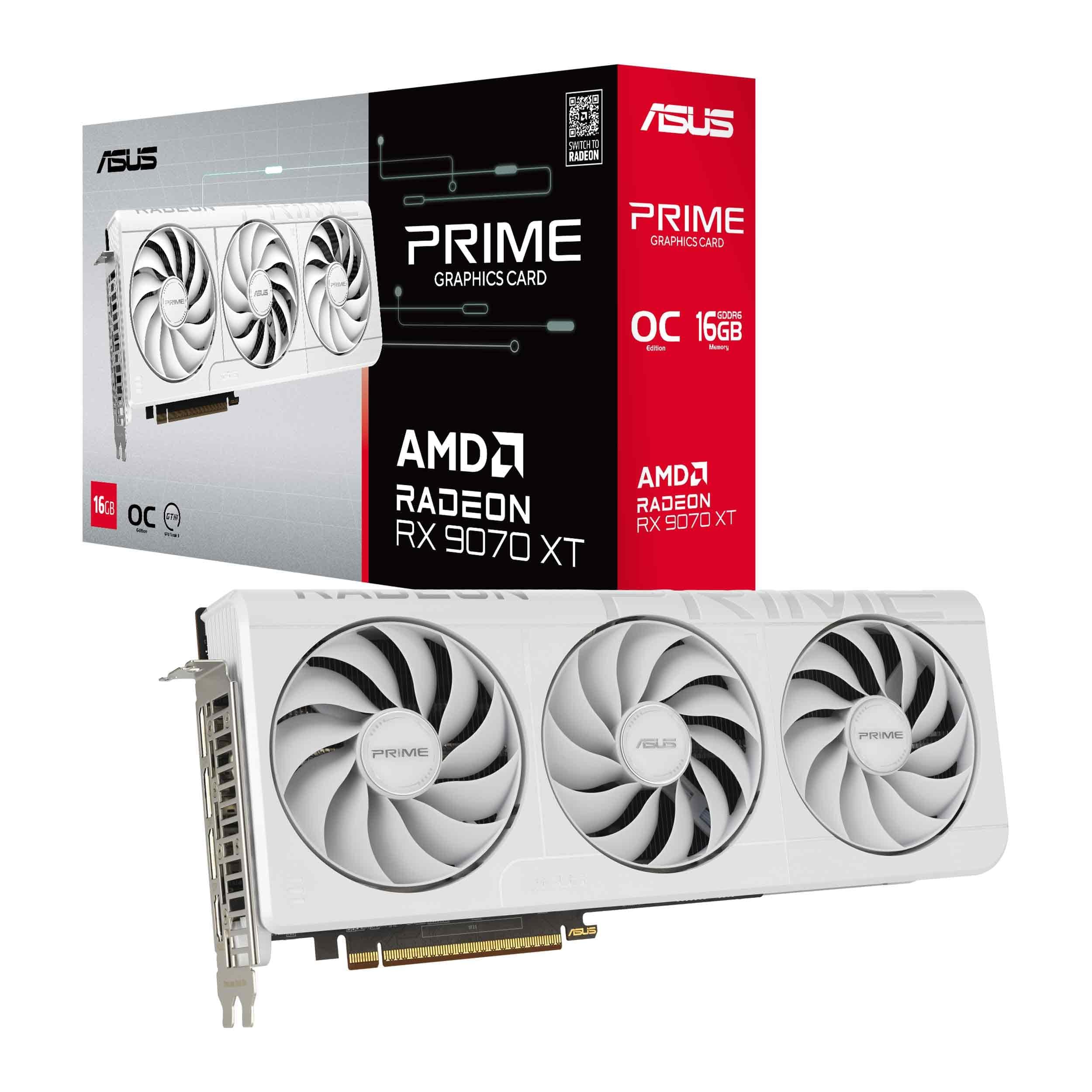ASUS Prime Radeon RX 9070 XT White OC Edition 16GB GDDR6 Gaming Graphics Card (AMD Radeon RX9070XT RDNA 4, 2.5-Slot, PCIe 5.0, 1x HDMI 2.1b, 3X DisplayPort 2.1a, White, PRIME-RX9070XT-O16G-WHITE) product image