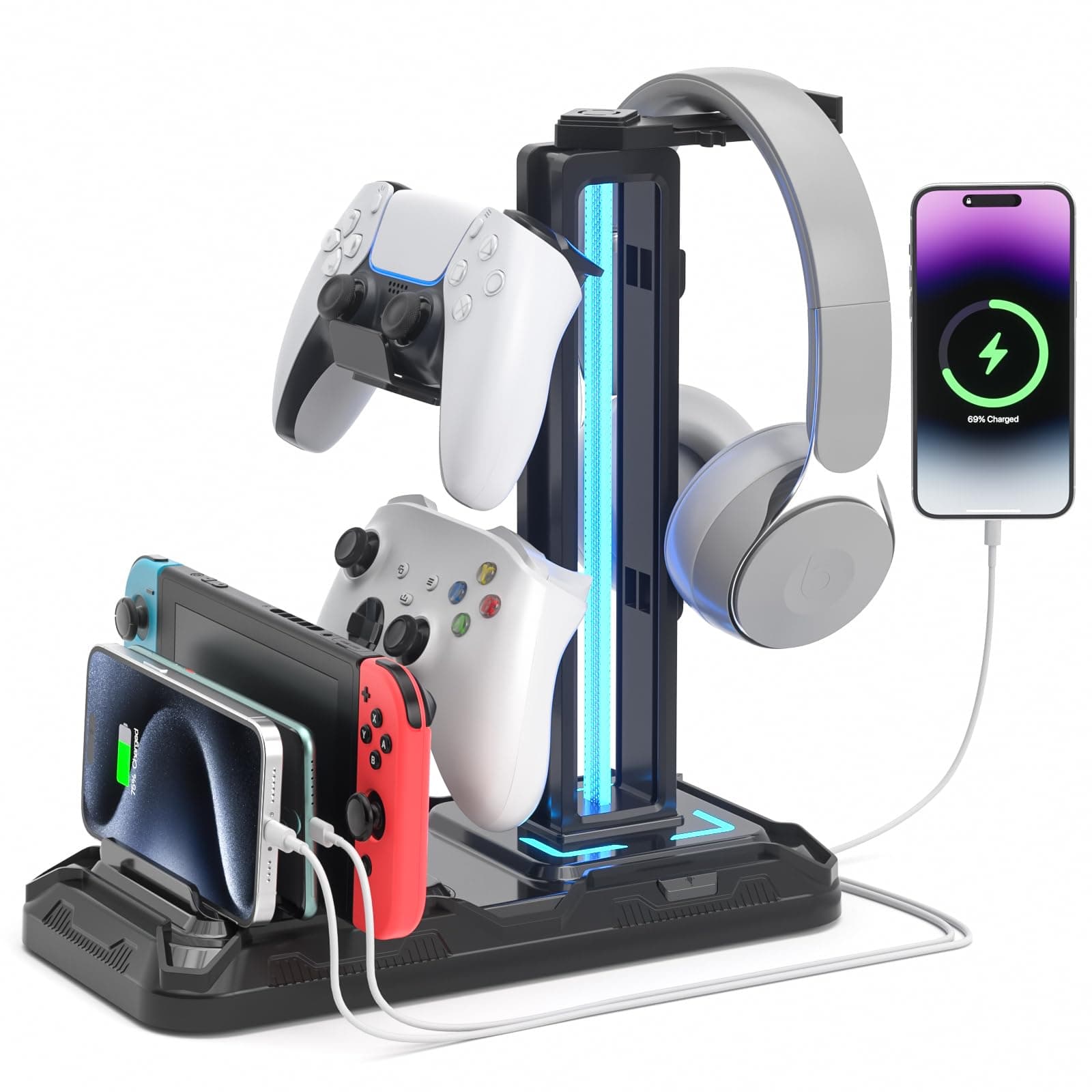 KDD Headset Halterung Led mit Ladestation - PS5 Controller Halter & Kopfhörer Ständer Tisch mit 9 Lichtmodi und 2 USB 1 Typ-C Anschlüssen - Gaming Controller Halterung für PC Gaming Accessories product image