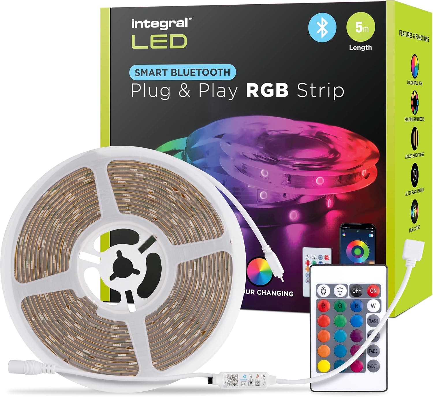Integral 5m RGB LED Strip Light, Colour Changing, Dimmable, Music Sync - Bluetooth Smart App &… product image