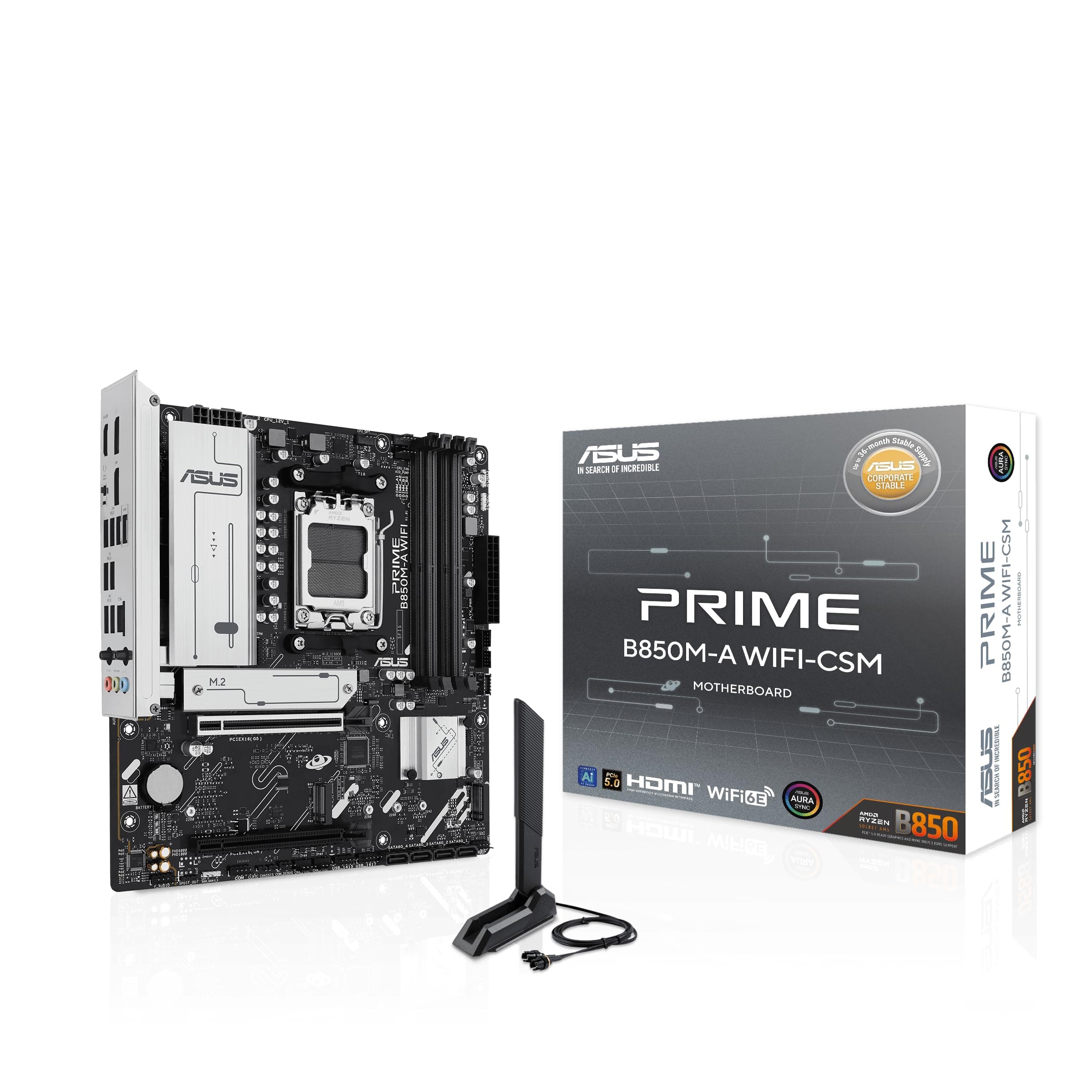 ASUS Prime B850M-A WiFi-CSM AMD AM5 B850 mATX Motherboard, DDR5, PCIe 5.0 Ready, 3X M.2, Wi-Fi… product image