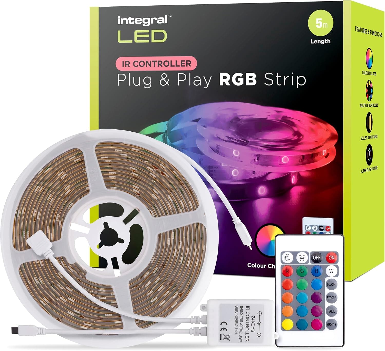 Integral 5m RGB LED Strip Light, Colour Changing, Dimmable, Music Sync, Plug & Play, UK Plug &… product image