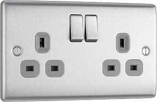 BG Electrical Double Switched Power Plug Wall Socket, Nexus Metal, Brushed Steel, Grey… product image