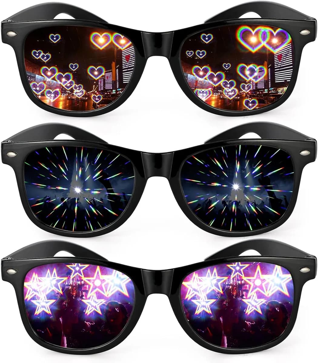 Hifot 3 Pcs Diffraction Glasses - 3D Prism Rainbow Heart Star Effect with Black Frames, Light… product image on Haggl
