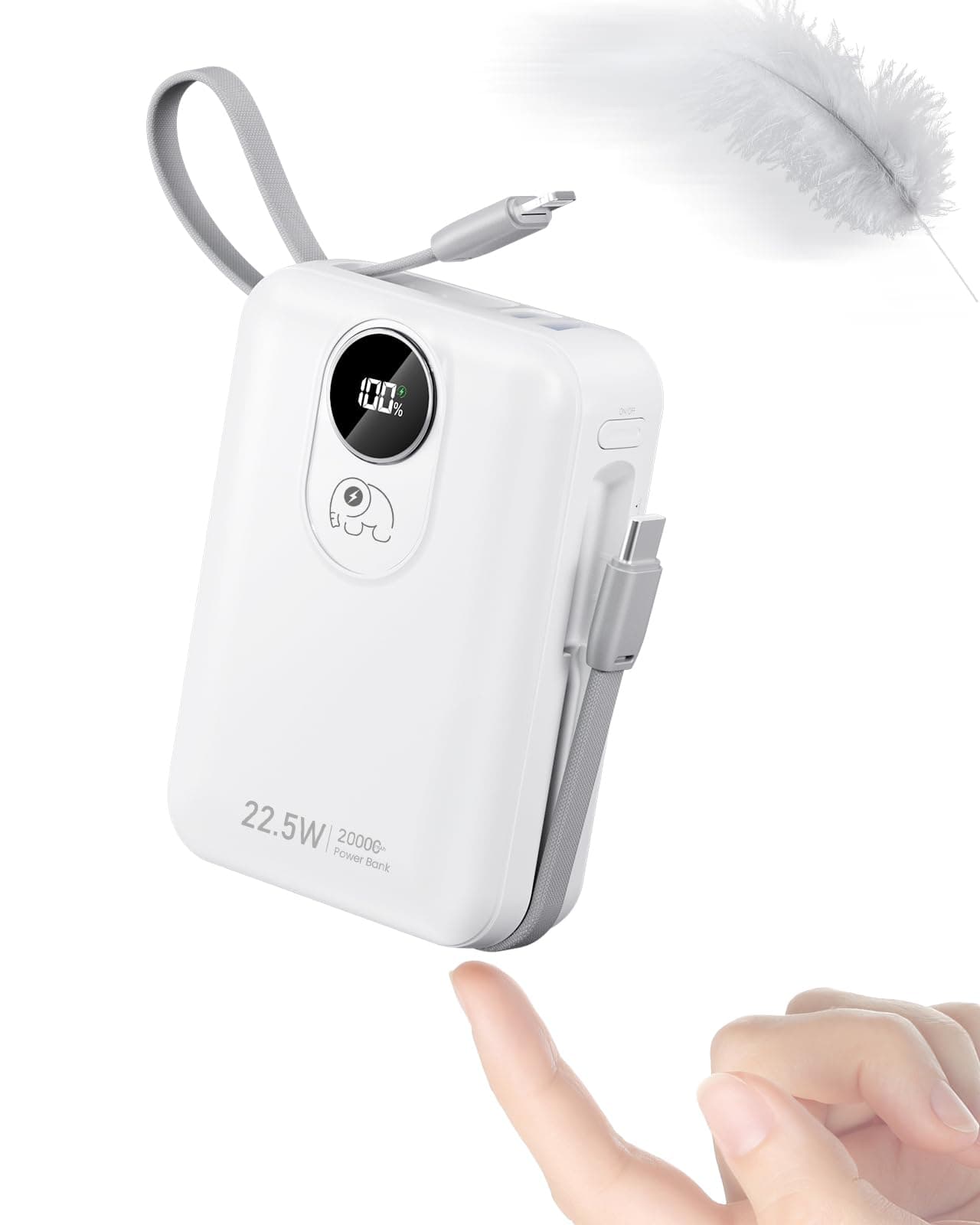 Built-in Cable 20000mAh Power Bank: 22.5W Fast Charging External Battery for Mobile Phone, USB C (Input & Output) Battery Pack, Portable Charger with 4 Outputs & 2 Inputs-White product image