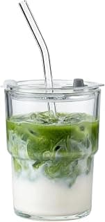 Olvini 13oz Glass Tumbler with Straw and Lid, Reusable Iced Coffee Cup Tumbler, Cute Glass… product image
