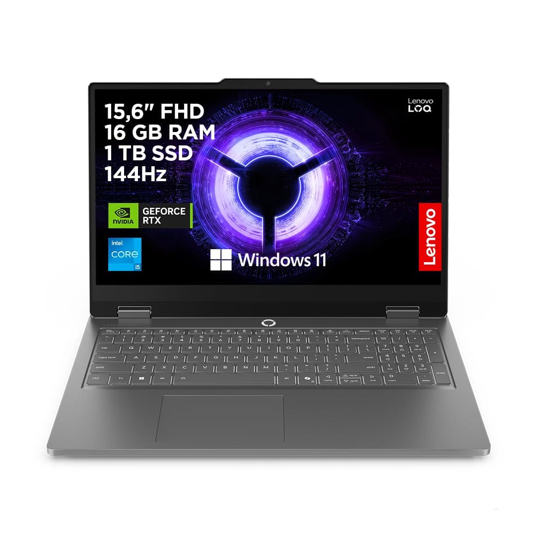 Lenovo LOQ Essential Gaming AI Laptop | 15.6" FHD 144Hz | NVIDIA GeForce RTX 5060 | Intel Core i5-13450HX | 16GB RAM | 1TB SSD | Windows 11 | QWERTZ | Weiss-beleuchtet | Grau | 3 Monate Game Pass product image