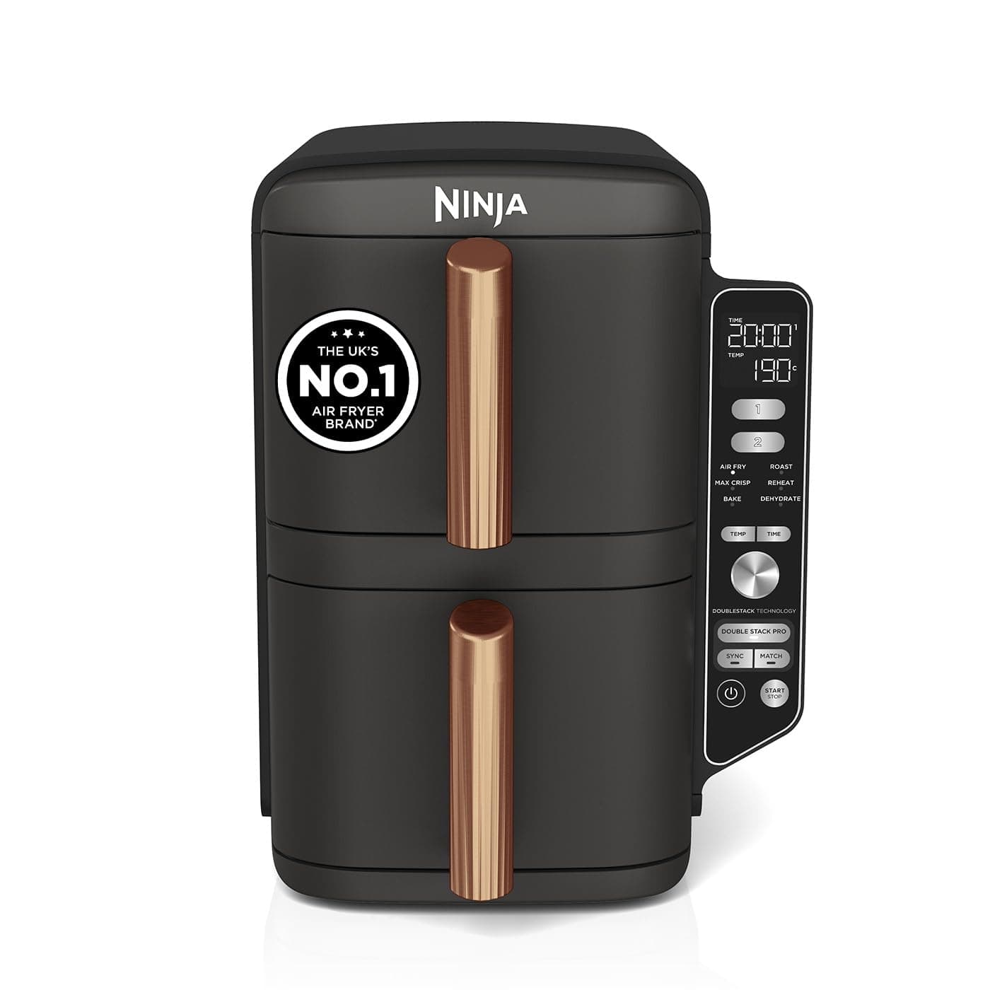 Ninja Double Stack XL Air Fryer, Vertical Dual Drawer Air Fryer with 4 cooking levels, 2 Drawers & 2 Racks, Space Saving Design, 9.5L Capacity, 6 Functions, 8 Portions, Tongs, Black/Copper SL400UKCP product image