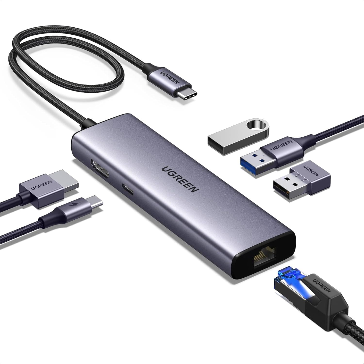 UGREEN USB C Hub, 6-in-1 USB Multiport Adaptor, 1Gbps USB-C to Ethernet Adapter, 4K HDMI, 100W… product image