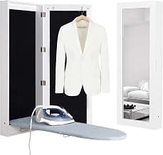 Slim Wall Mounted Ironing Board Cabinet with Mirror | 2 Garment Hooks | Solid Metal Base |… product image