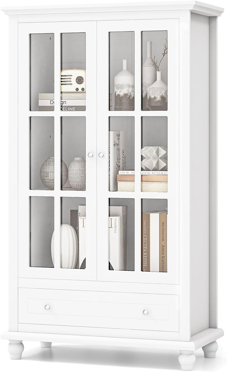 KOMFOTTEU Display Cabinet with 4 Doors, Adjustable Shelves and Drawer | 3 Tier Wooden… product image