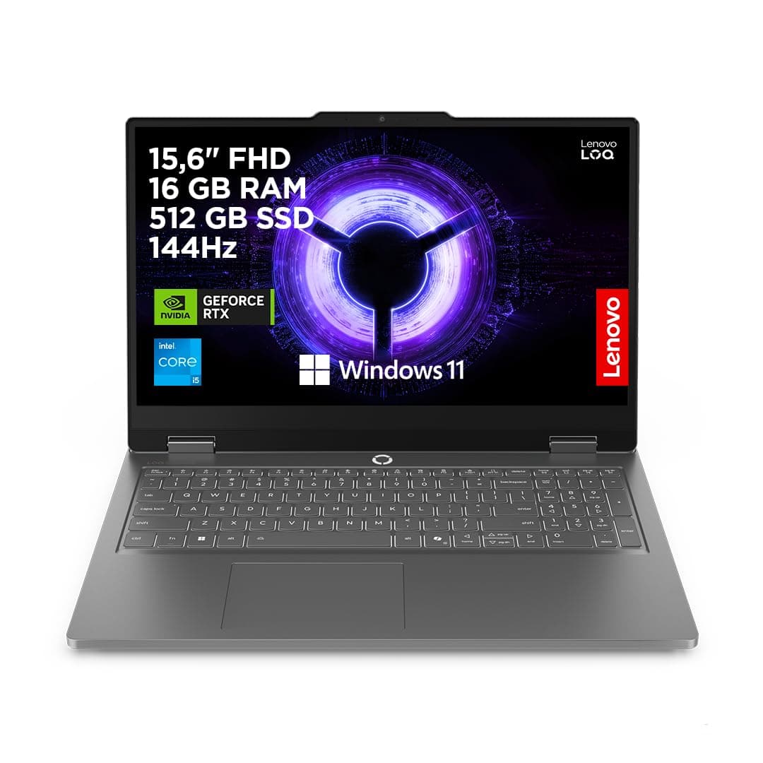 Lenovo LOQ Essential Gaming AI Laptop | 15.6" FHD 144Hz | NVIDIA GeForce RTX 5050 | Intel Core i5-13450HX | 16GB RAM | 512GB SSD | Windows 11 | QWERTZ | Weiss-beleuchtet | Grau | 3 Monate Game Pass product image