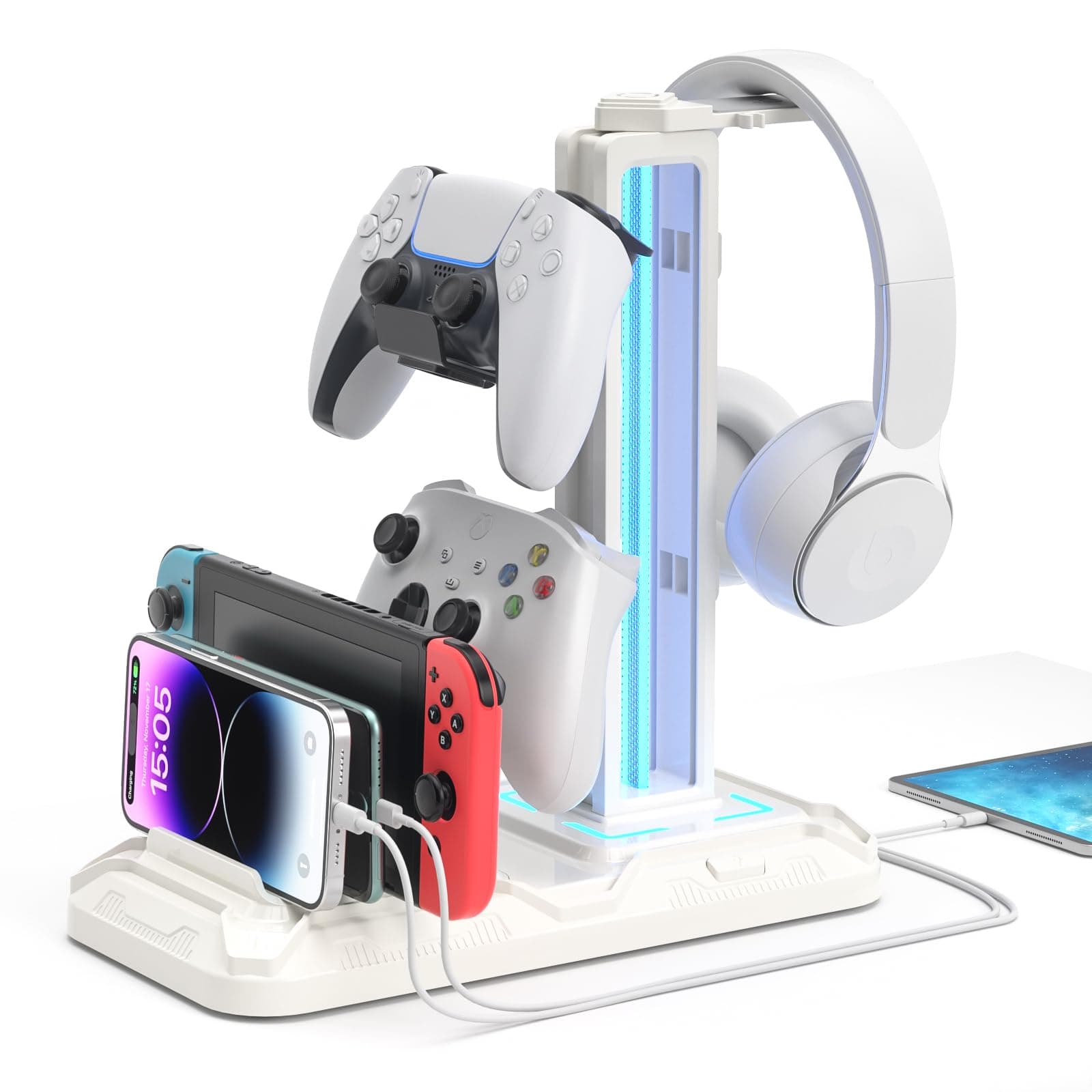 KDD Headset Halterung Led mit Ladestation - PS5 Controller Halter & Kopfhörer Ständer Tisch mit 9 Lichtmodi und 2 USB 1 Typ-C Anschlüssen - Gaming Controller Halterung für PC Gaming Accessories product image