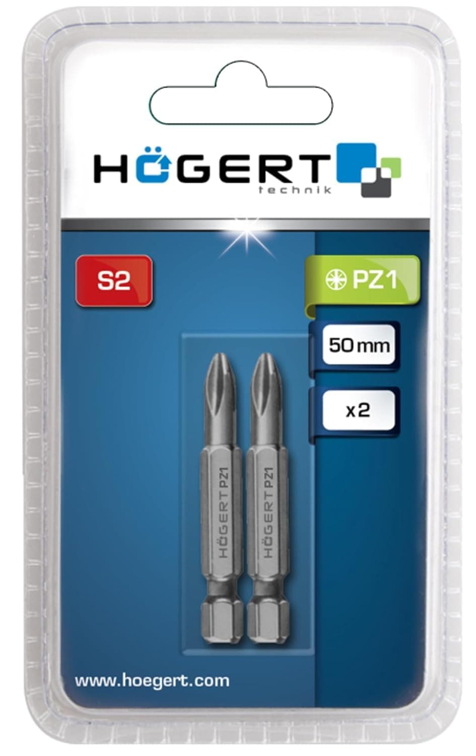HÖGERT TECHNIK – PZ1 Schrauberbits 50 mm, 2 Stück, aus S2-Stahl, HRC 58–60, 1/4"… product image