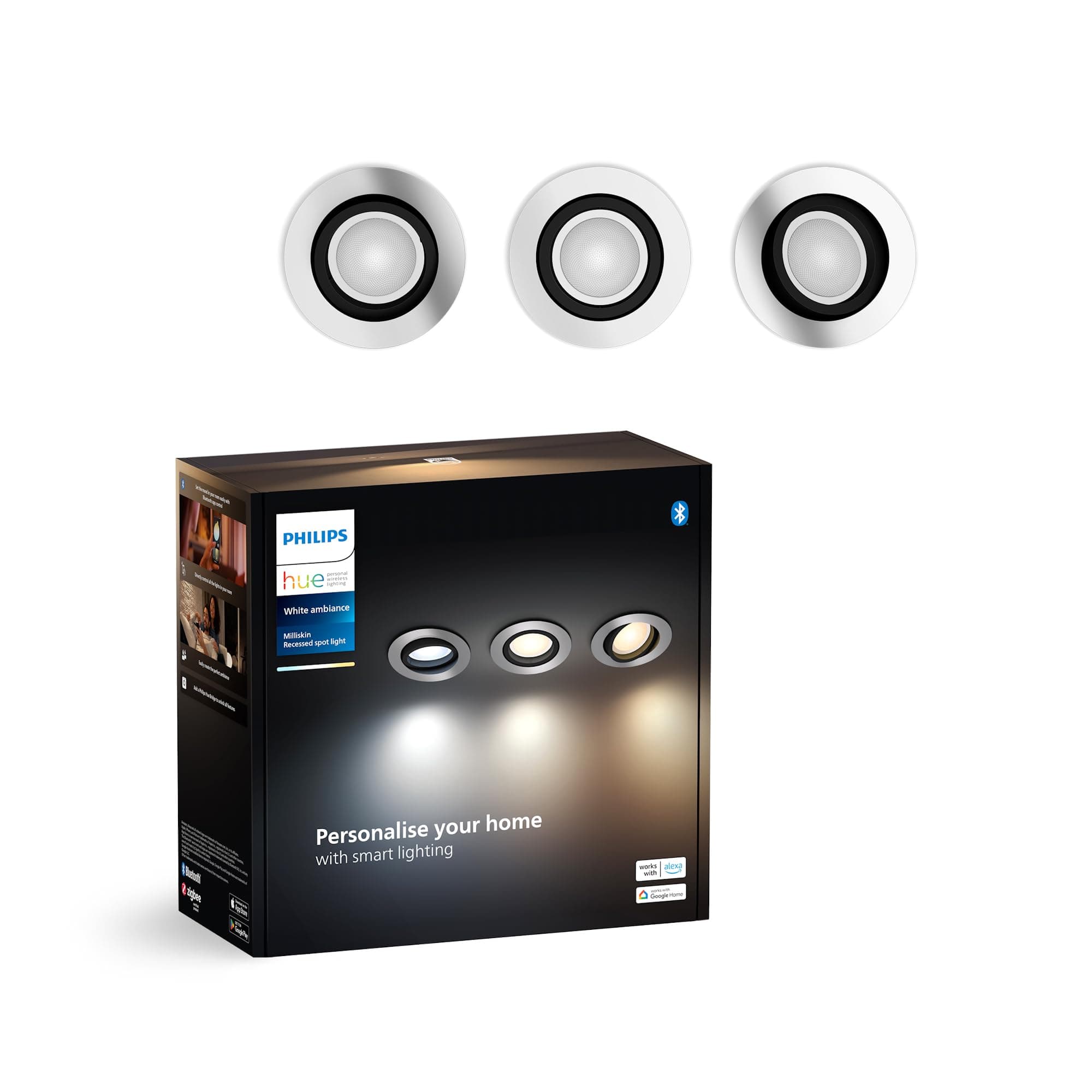 Philips Hue Milliskin White Ambiance Einbauspot, Aluminium, (400lm / 70mm), 3er Pack, warm-… product image