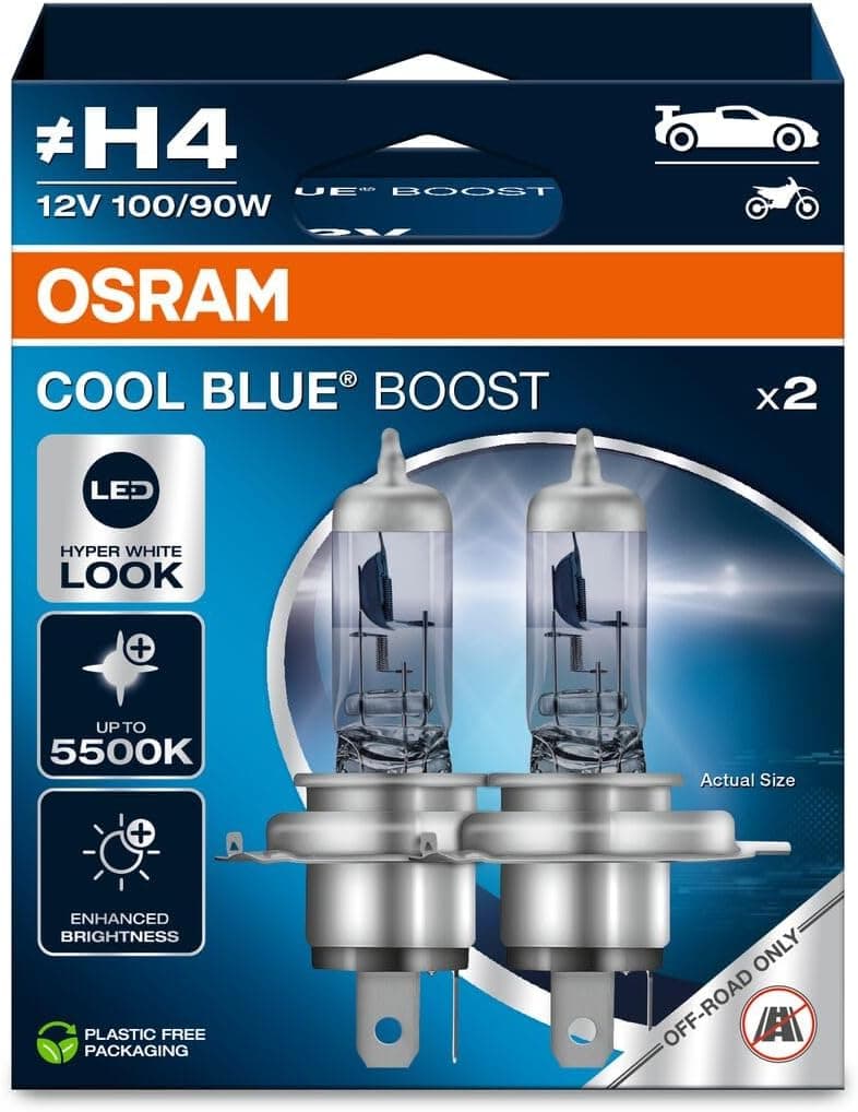 Osram Cool Blue BOOST, H4, Halogen Headlight Lamps, Up to 5500K, Hanging Folding Box (2… product image
