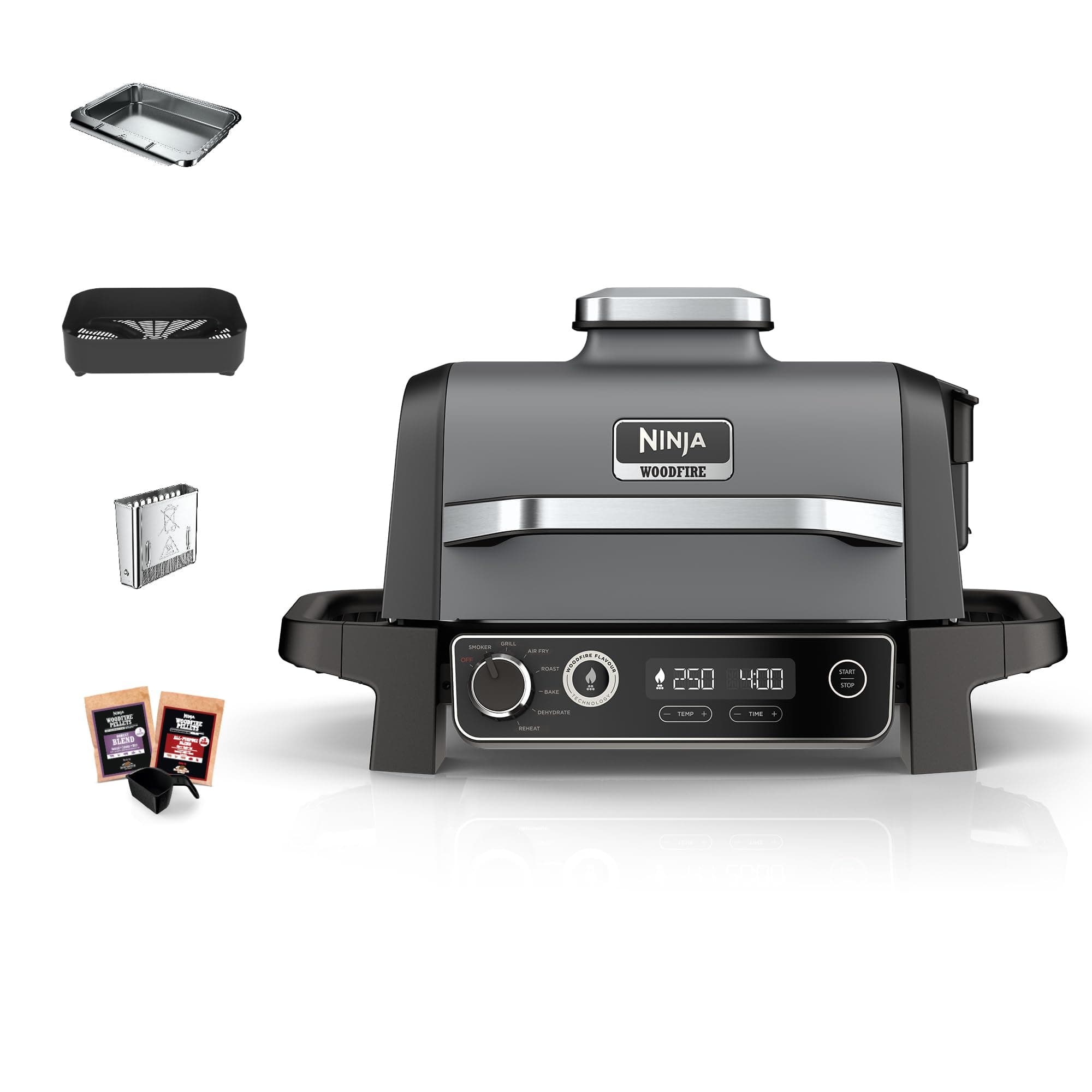 Ninja OG701UK Woodfire Electric BBQ Grill & Smoker, 7-in-1 Outdoor Grill & Air Fryer, Roast, Bake, Dehydrate, Uses Woodfire Pellets, Weather Resistant, Non-Stick, Portable, Electric, Grey/Black product image