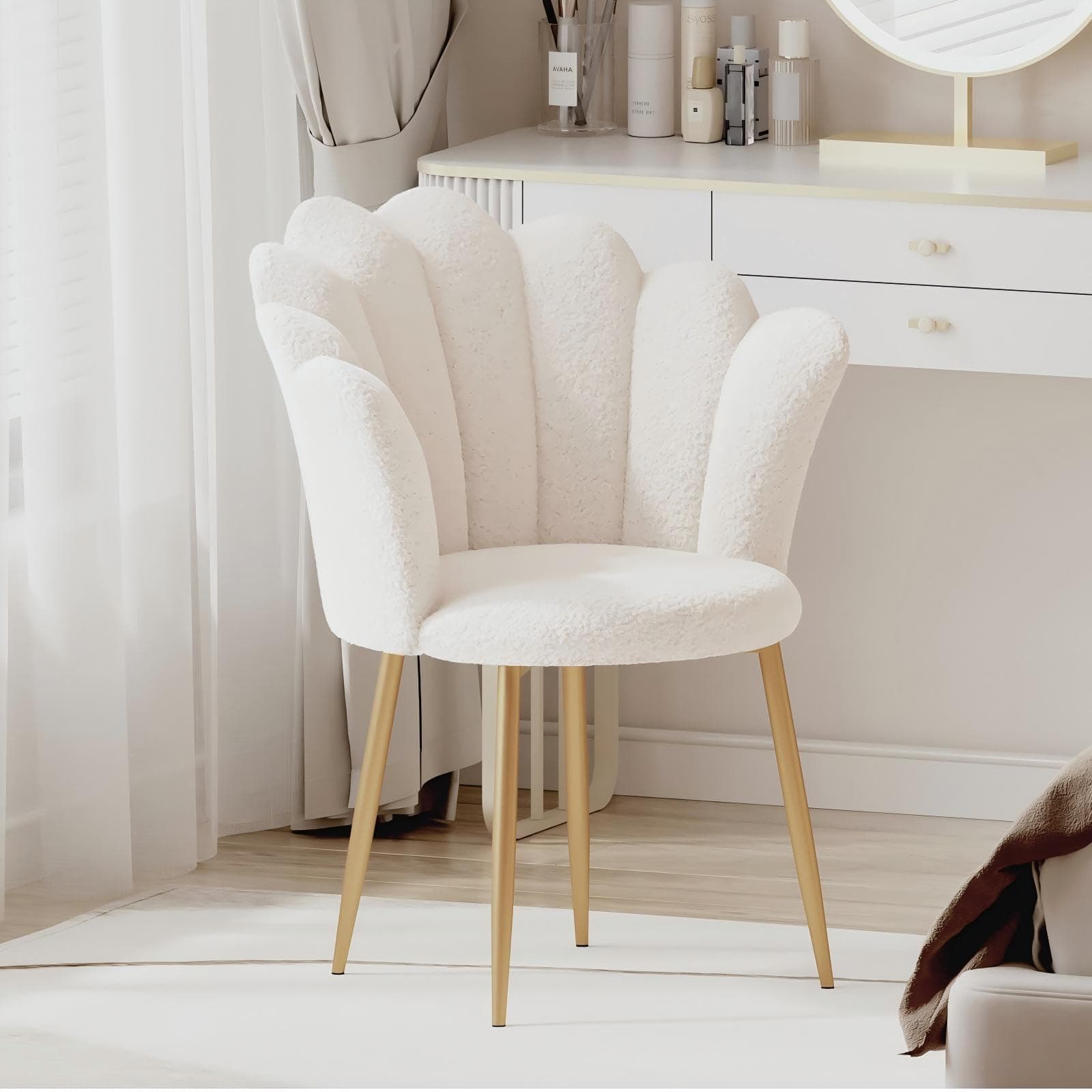 Armchair Tub Chair, Boucle Vanity Chair Shell Accent Chairs with Gold Plating Metal Legs, Leisure Single Sofa Dressing Chairs for Home, Office, Bedroom, Living Room, Dining Room, White product image