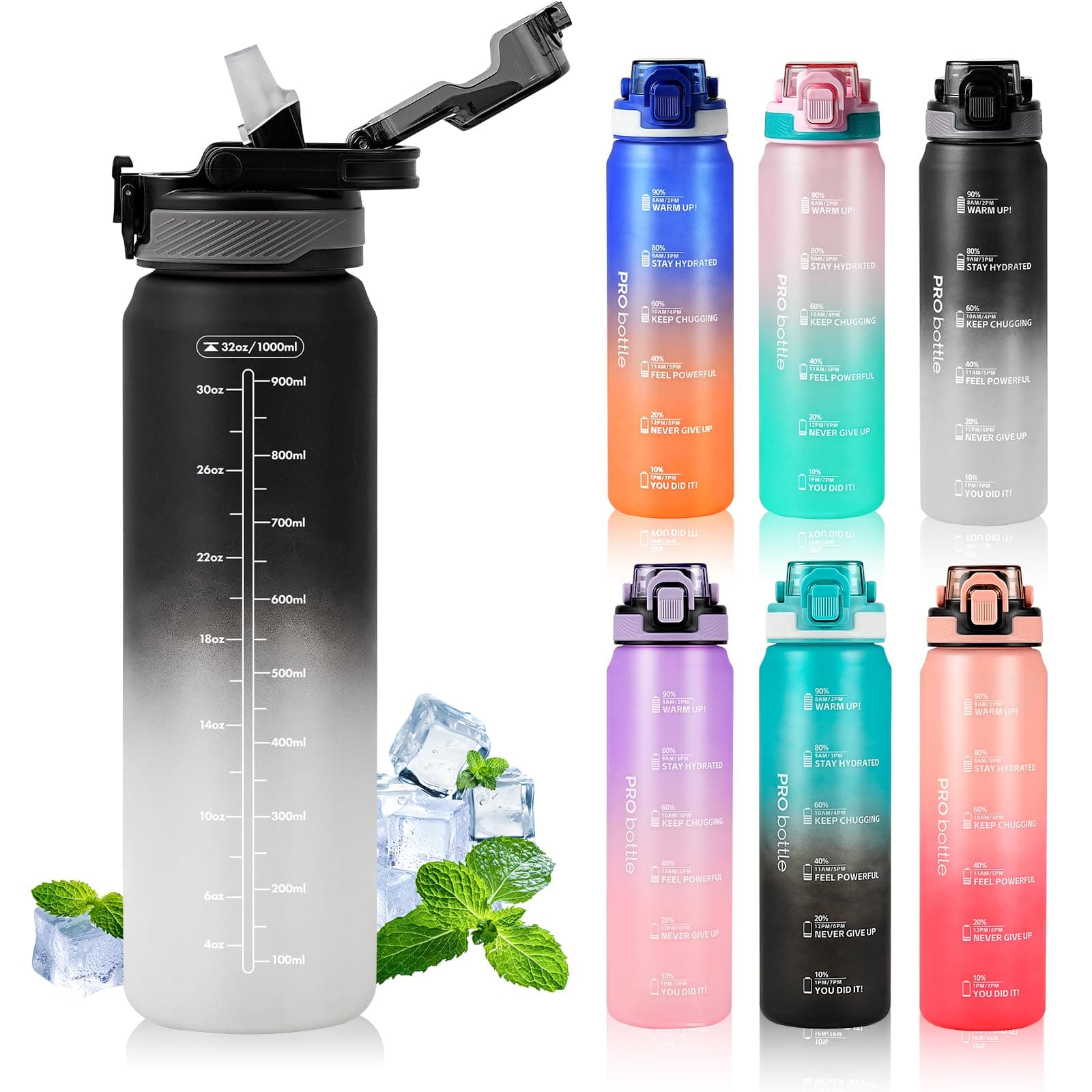 SEASEVEN Sport-Wasserflasche mit Strohhalm, 1 l, Kunststoff-Trinkflasche, 1 Liter,… product image