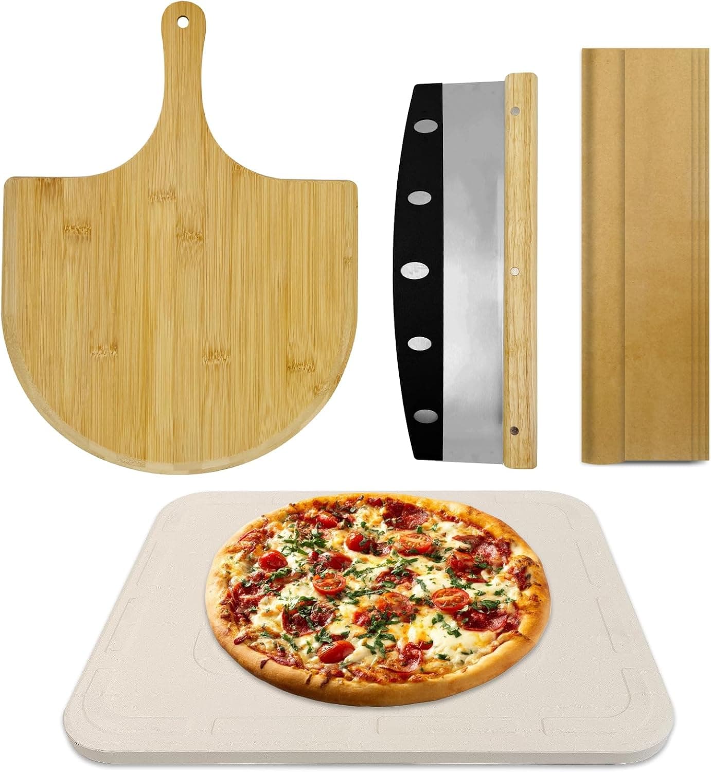 4 PCS Rectangle Pizza Stone Set 38 x 30 cm Large Pizza Stone with Pizza Peel Cutter Cooking… product image