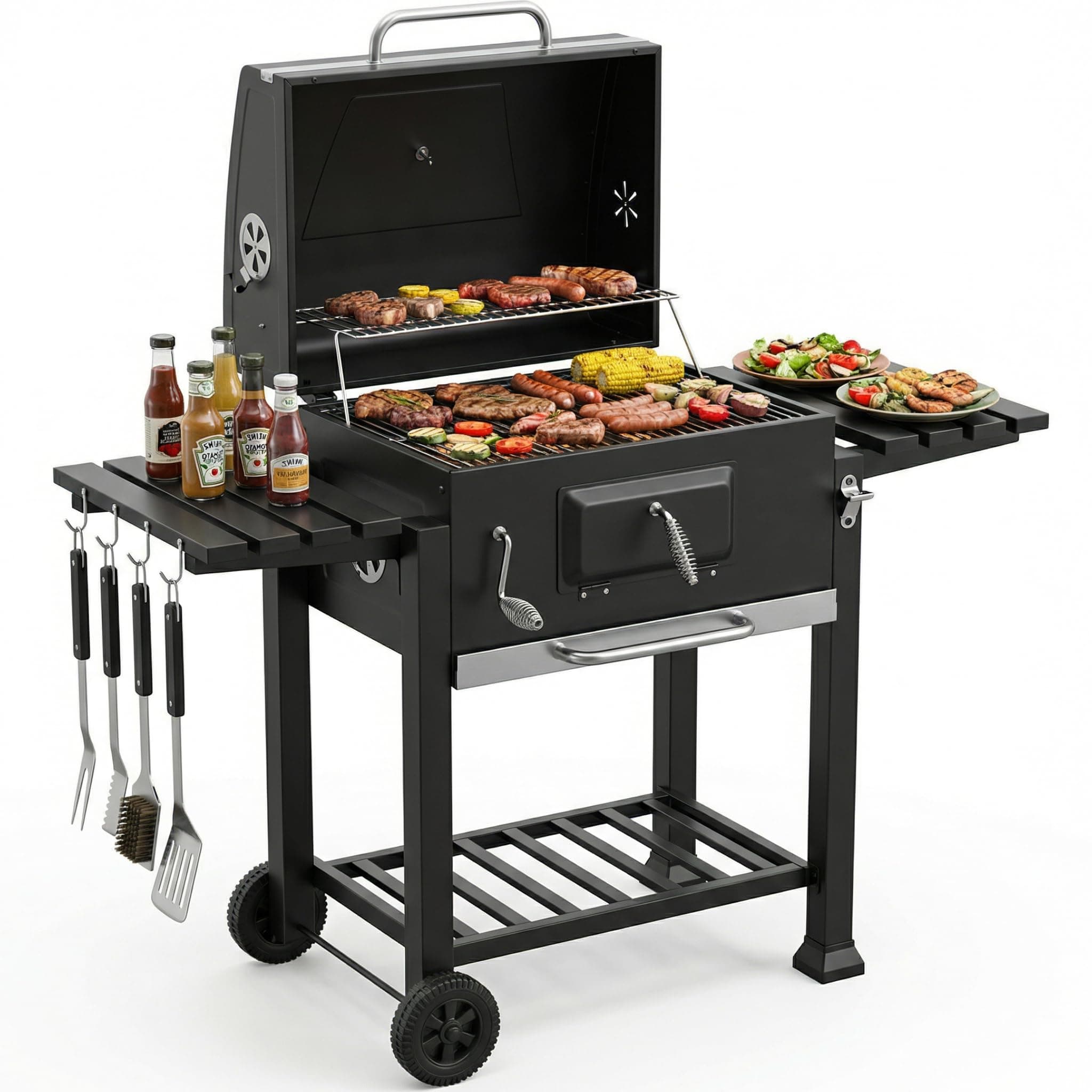 Barbecue Grill, Outdoor XXL Portable Charcoal BBQ Smoker with 2 Foldable Side Tables, Built-in… product image