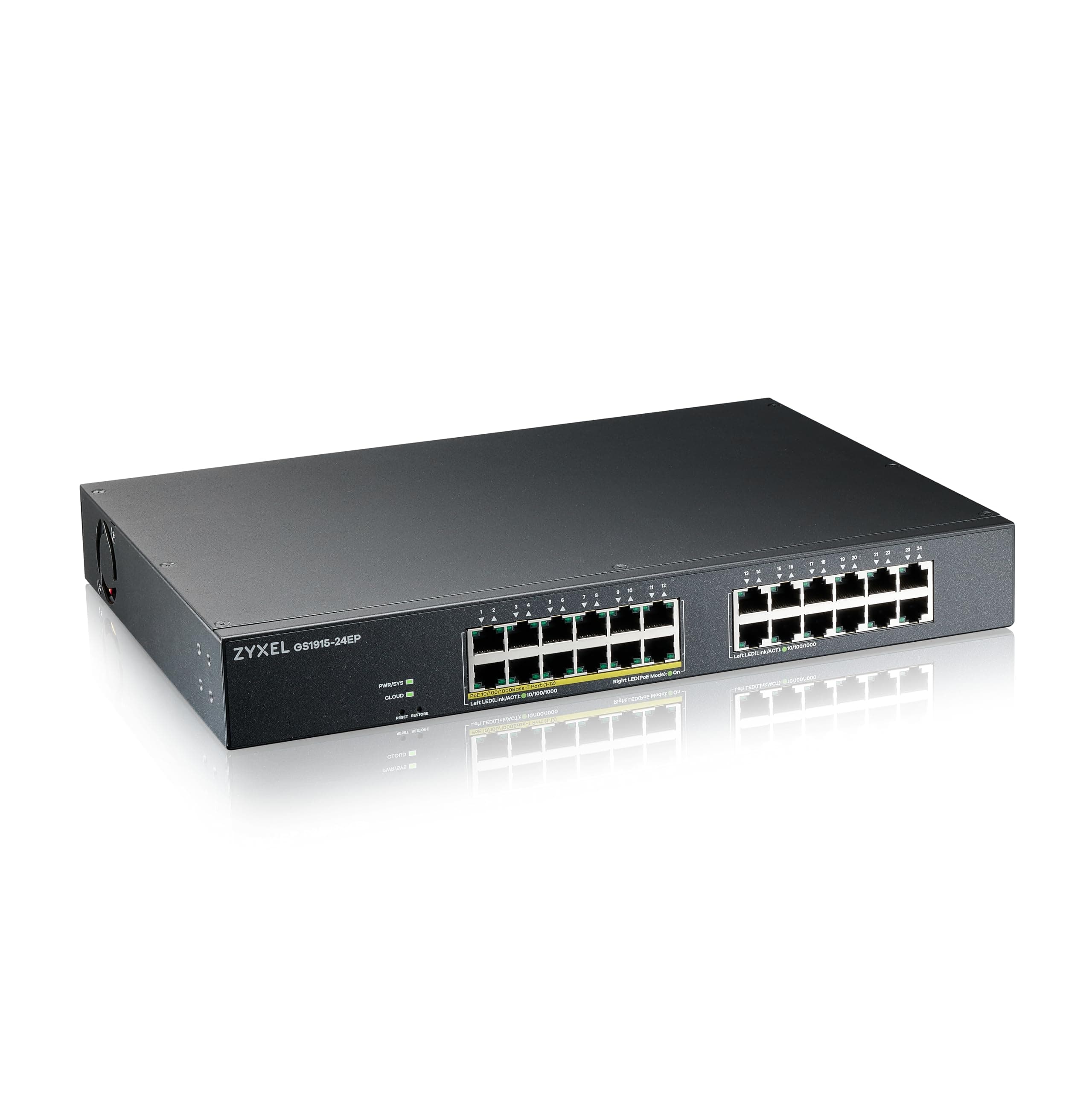 Zyxel Netzwerk PoE Switch 24 Port | Smart Managed Gigabit LAN Splitter | 12x GbE RJ-45 + 12x PoE+ mit 130W Budget | Smart Fan | Hybrid Cloud Modus | Rack Montage, Kit im Lieferumfang | GS1915-24EP product image