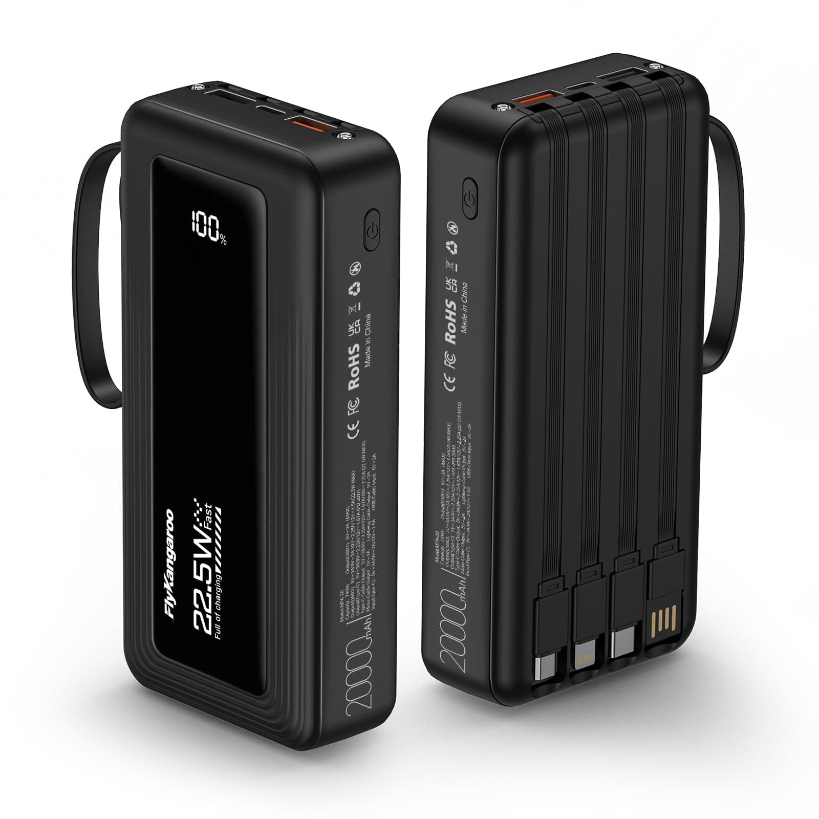 Power Bank 20000mAh with Built in 4 Cable, Powerbank Fast Charging PD USB-C 6 Output & 2 Input LED Display, External Battery Pack with 2 Flashlight, Portable Charger for iPhone, Samsung, iPad, etc product image