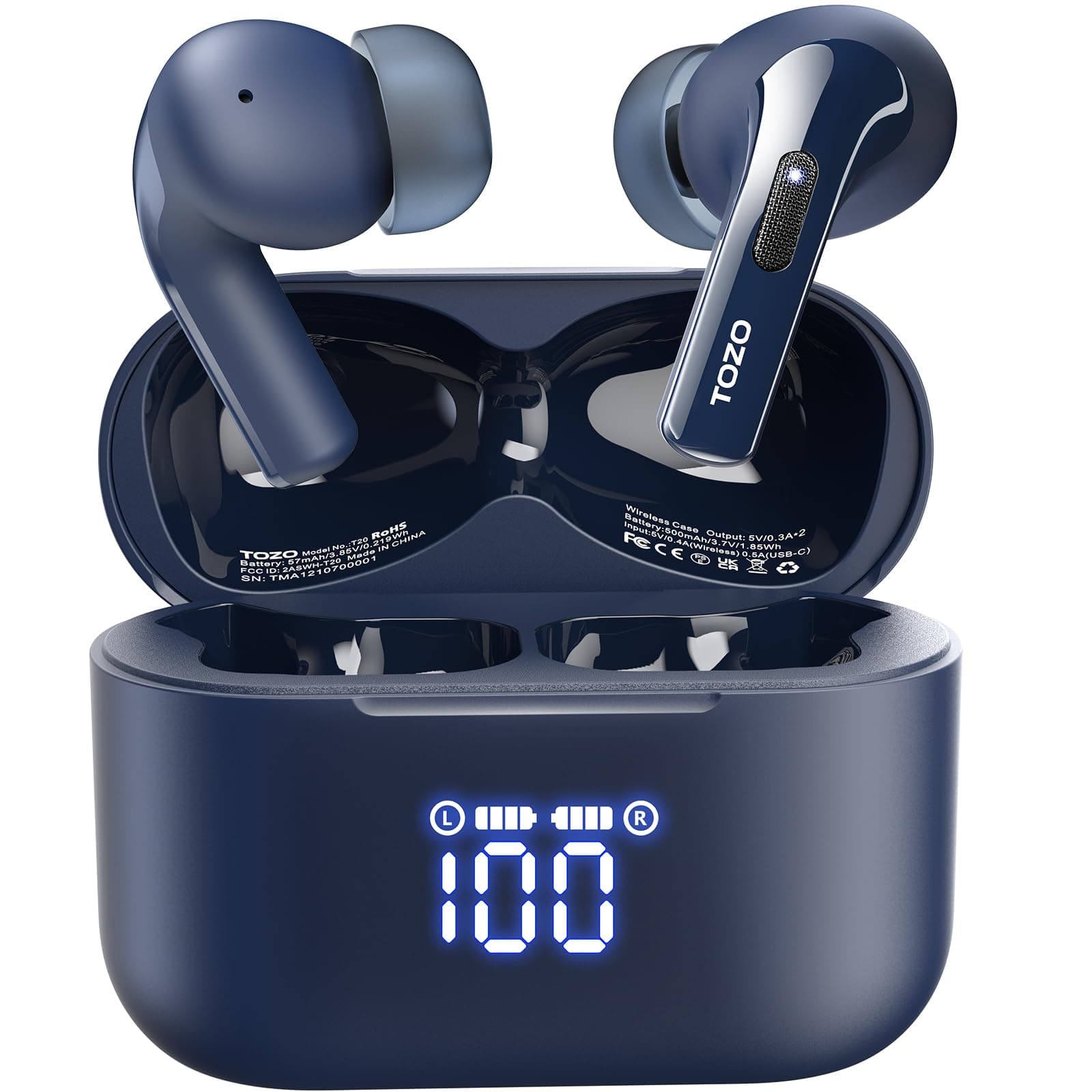TOZO T20 Wireless Earbuds, Bluetooth Earphones 48.5 Hrs Playtime with LED Digital Display, IPX8 Waterproof, Dual Mic Call Noise Cancelling, 10mm Broad Range Speakers (Blue) product image