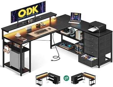 ODK Corner Desk with Drawers, L Shaped Gaming Desk with LED Lights & Power Outlets, Reversible… product image
