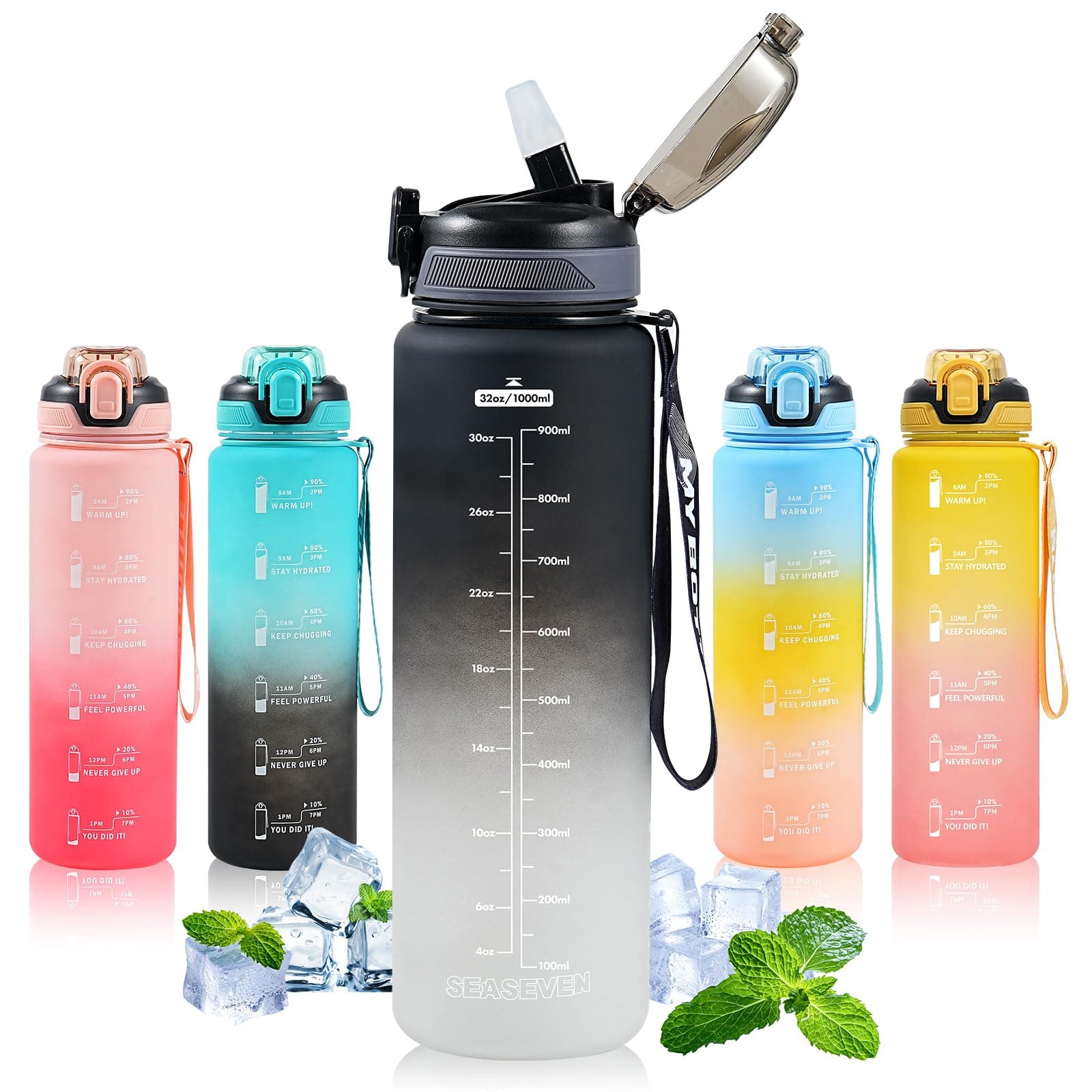 SEASEVEN 1 l Wasserflasche mit Strohhalm, Kunststoff-Getränkeflasche, 1 Liter,… product image