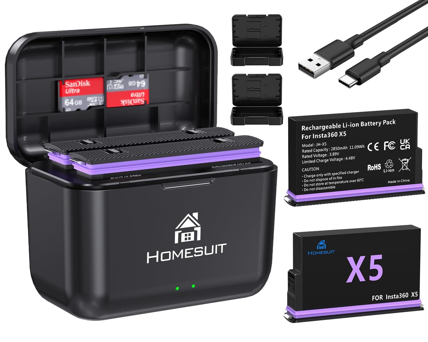 Homesuit Insta 360 X5 Akku 2er-Pack 2850mAh & Dual-Slot LED Ladegerät Kit Kompatibel mit… product image