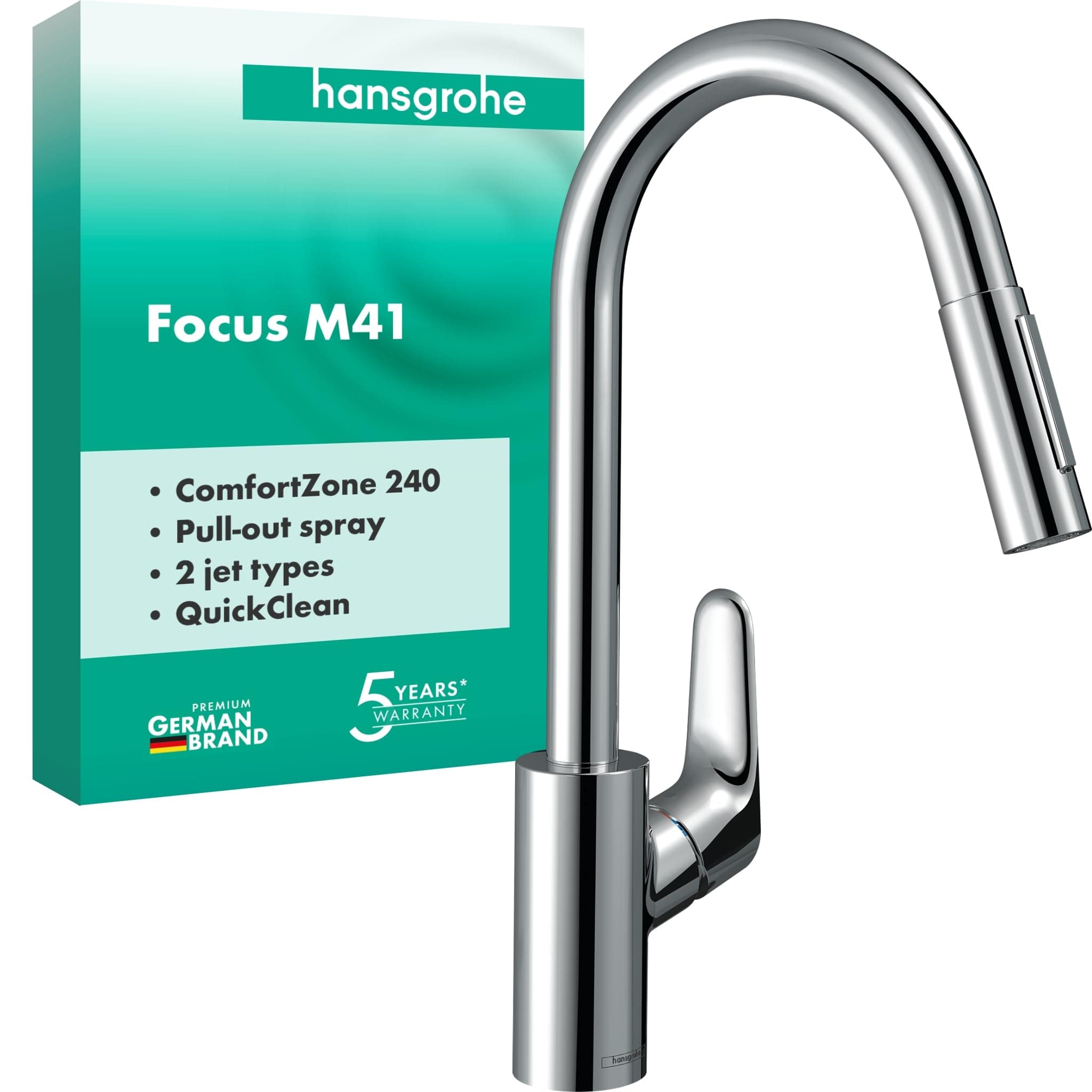 hansgrohe Focus M41 31815000 Kitchen Mixer Tap with Pull-Out Spray, 2 Jets, Tap with Spout… product image