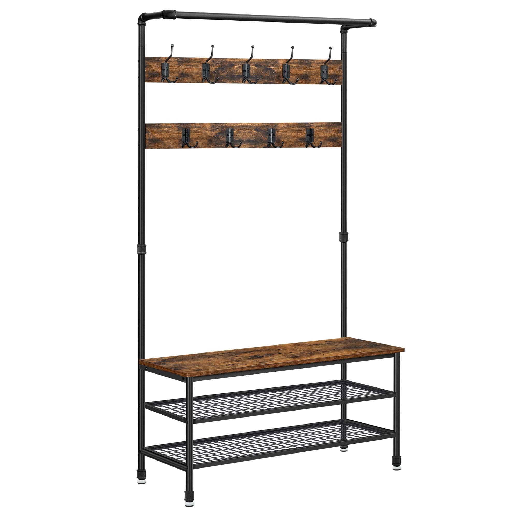 VASAGLE Coat Rack and Storage Bench, Hall Tree with 9 Hooks, Steel Frame | Pipe Style, Rustic… product image