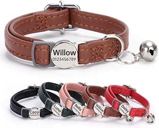 SEOUGEE Genuine Leather Cat Collar Quick Release with Personalised Name Tag, breakaway Kitten… product image