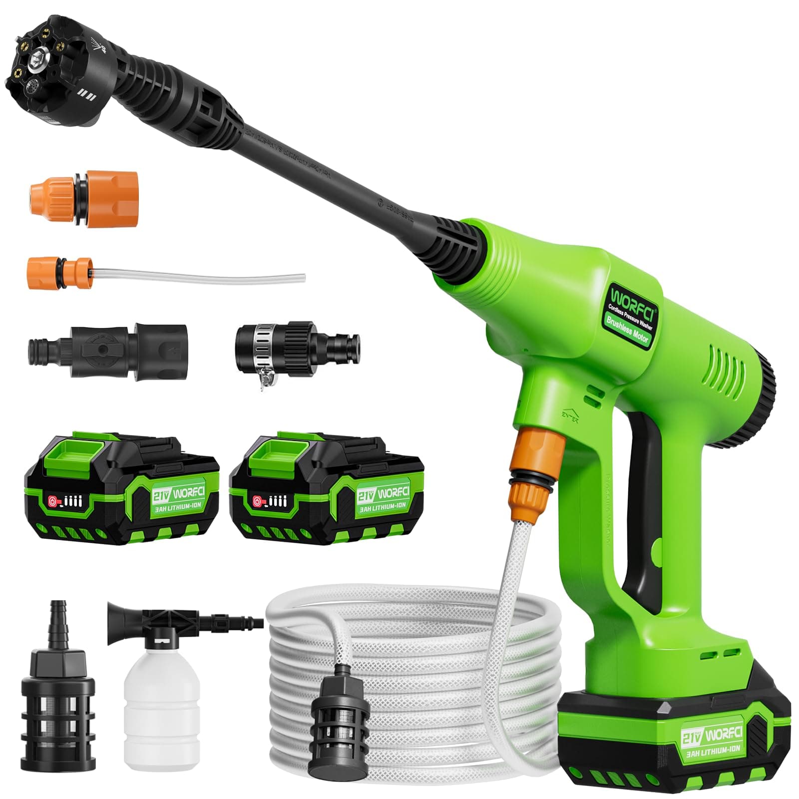 WORFCI Akku Hochdruckreiniger, Mobiler Druckreiniger mit 2 Akkus und Ladegerät, 6-in-1 Düse,… product image