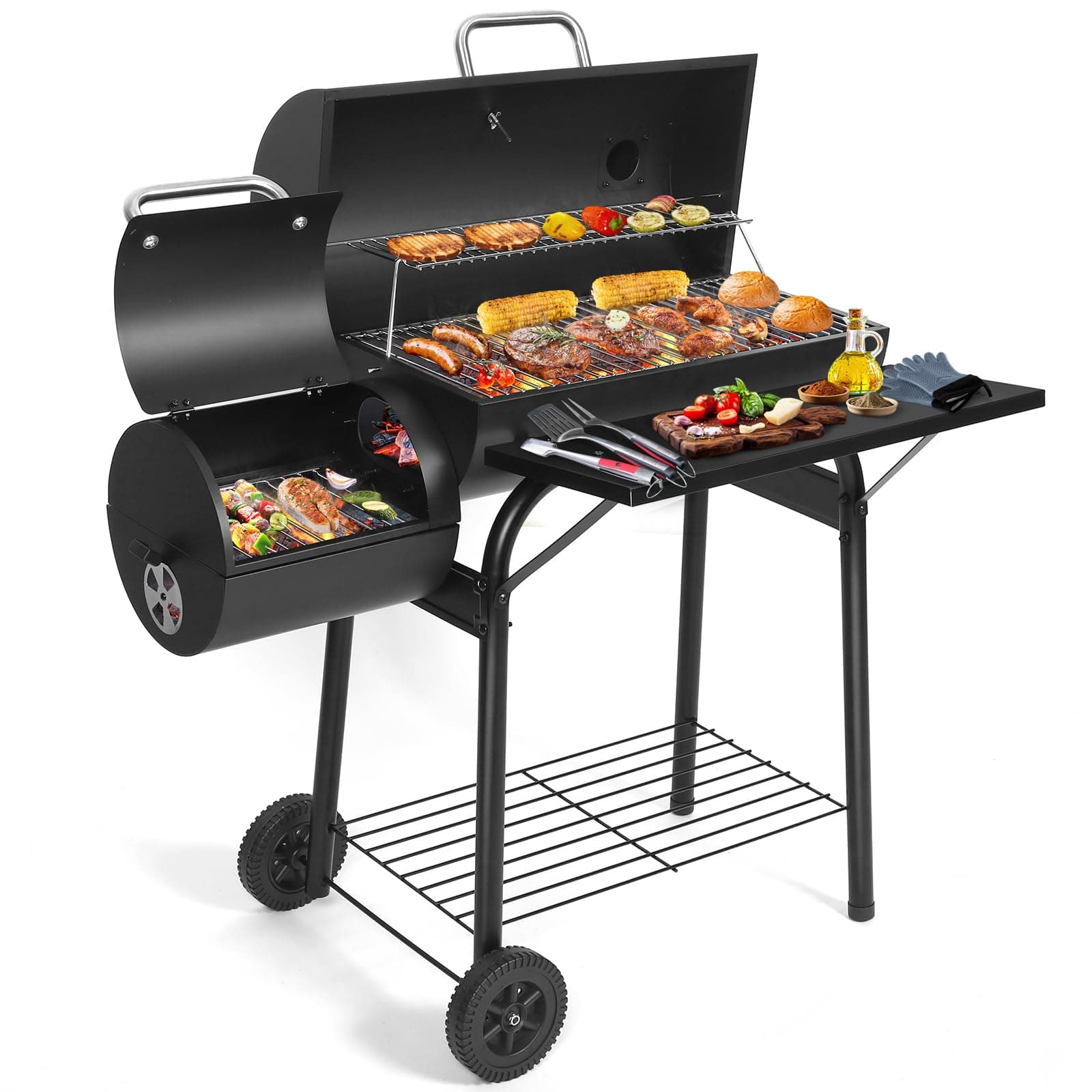 Charcoal BBQ Grill With Offset Smoker: Large Oil Drum Barbecue Barrel Grill For Outdoor Garden product image