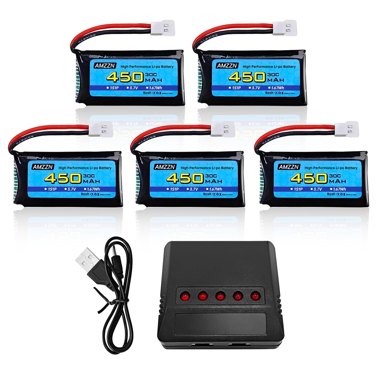 AMZZN 5PCS 3.7V 450mAh 25C Molex plug Lipo batteria con caricabatterie 5-in-1,compatibile con… product image