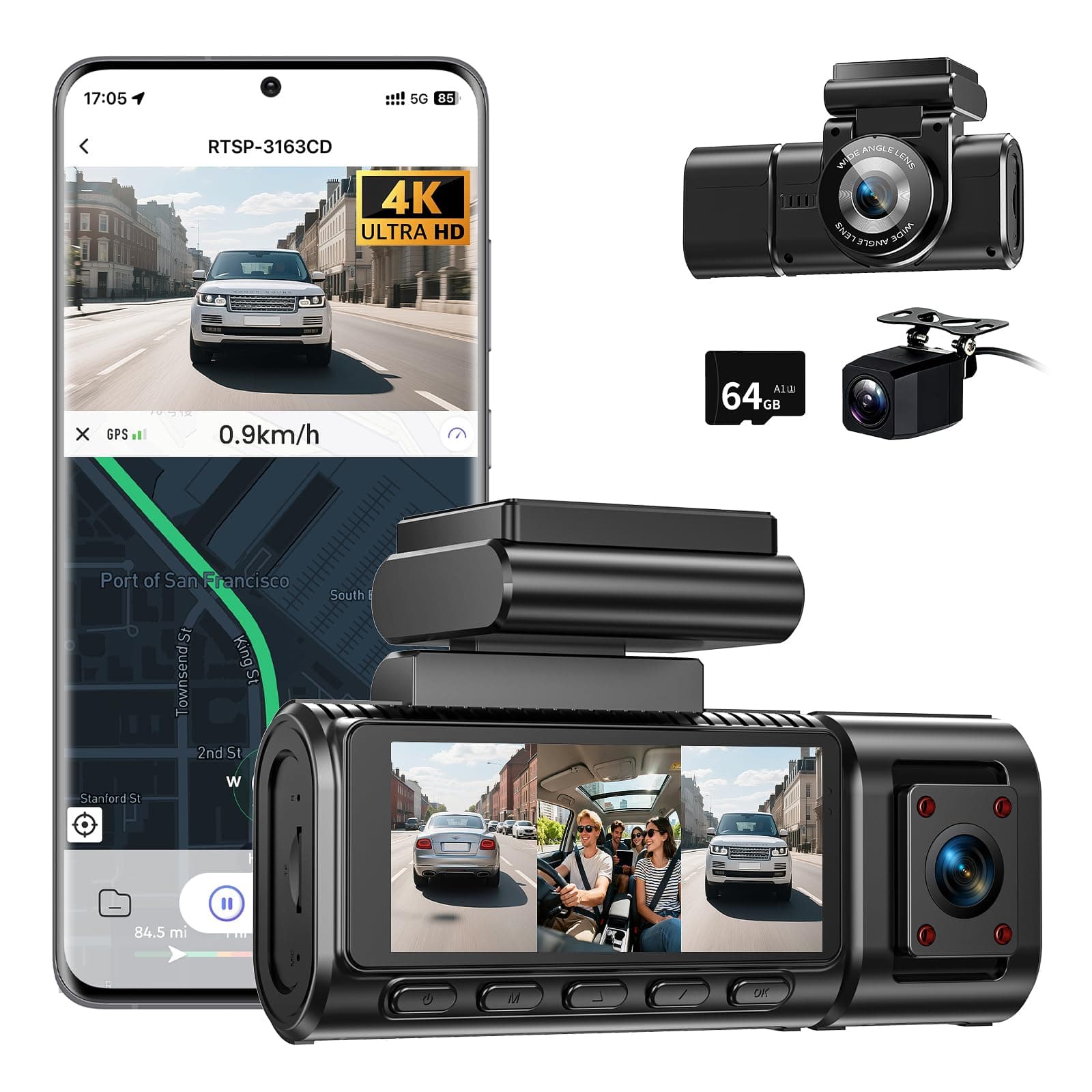 Dashcam Auto Vorne Hinten 4K+1080P mit GPS WiFi,3 Channel 1080P Dash Cam Auto Kamera 3,16" IPS… product image