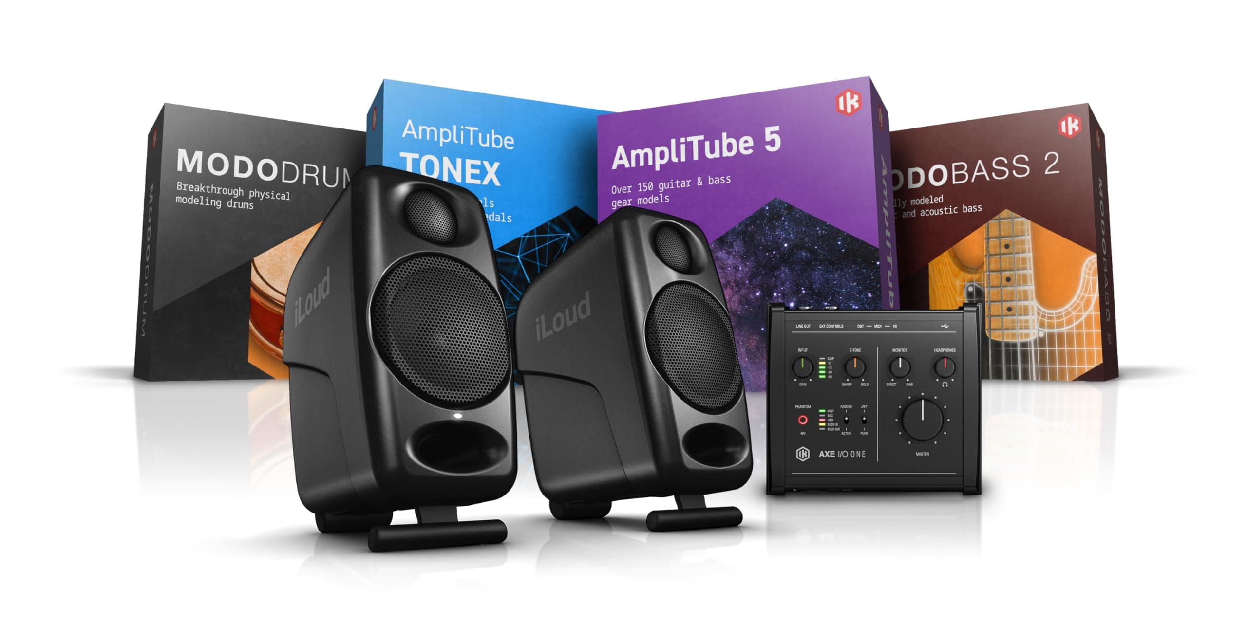 IK Multimedia - Portable Guitar Studio Bundle, Includes a pair of iLoud Micro Monitors, an AXE I/O ONE + downloads of AmpliTube 5 + TONEX + MODO BASS 2 + MODO DRUM 1.5 product image
