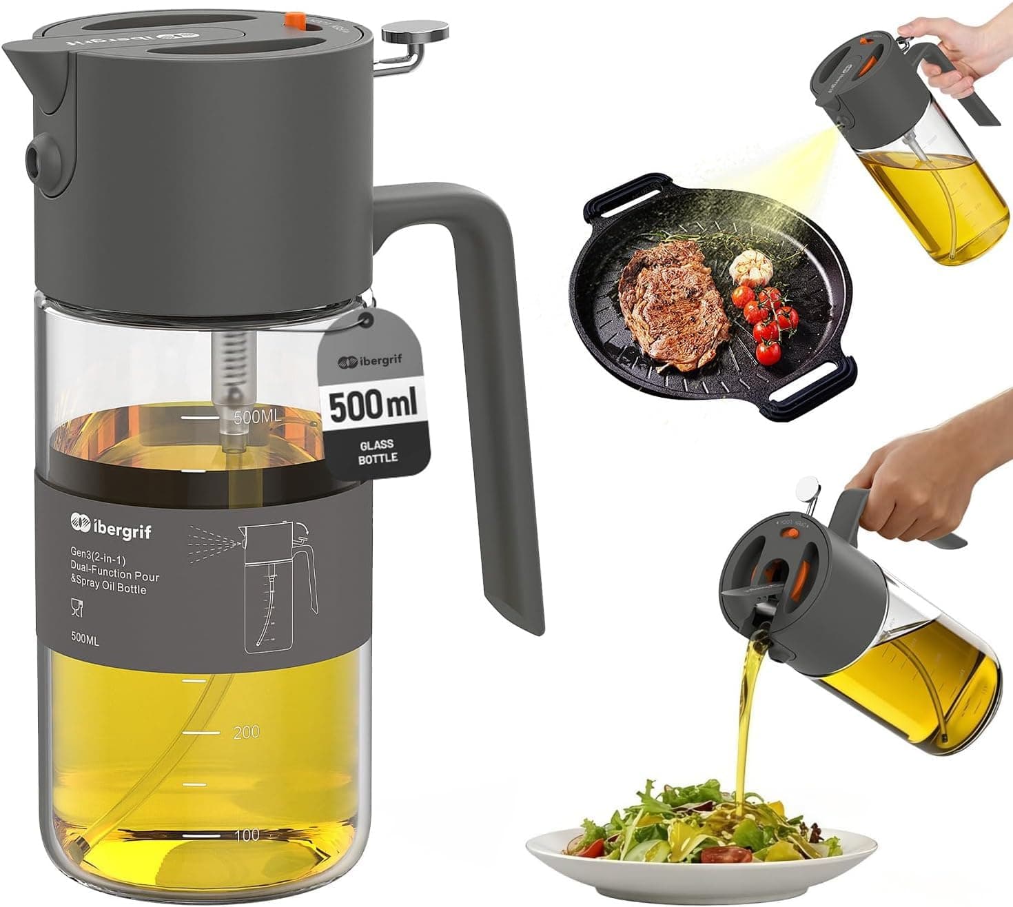 Ibergrif 2 in 1 Oil Sprayer 500 ml, Oil Spray and Pouring Dispenser, Borosilicate Glass Bottle… product image