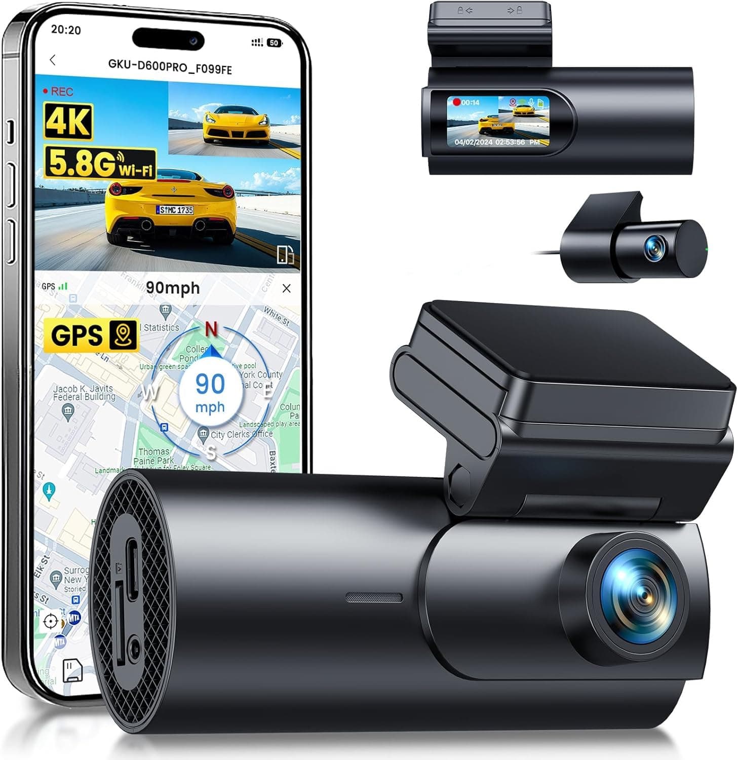 GKU 4K Dashcam Auto Vorne Hinten, 5GHz WiFi GPS, Dual Dash Cam, 1.5” IPS Mini Auto Kamera mit… product image