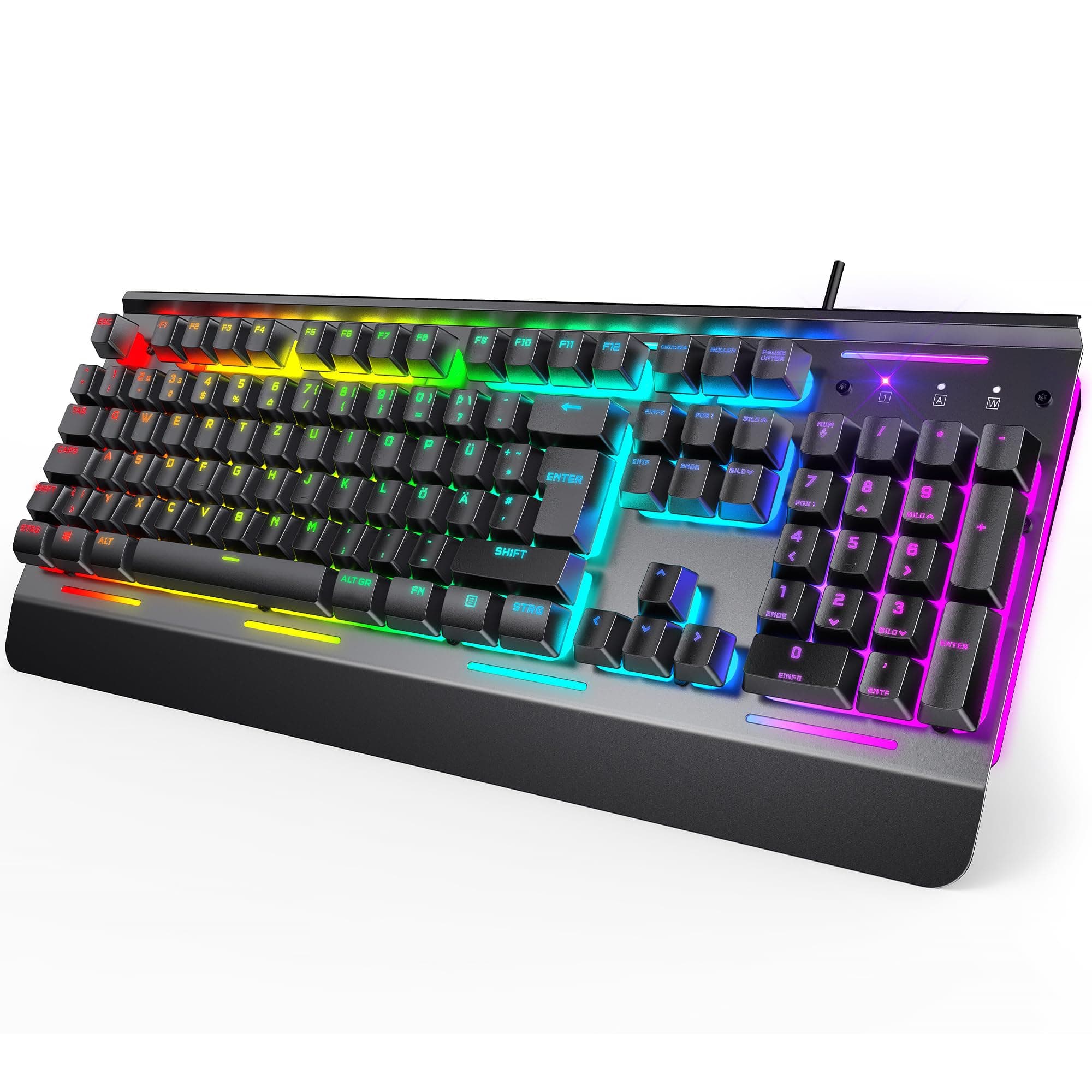 TECKNET RGB Gaming Tastatur für PC, Membran Tastatur mit 105 Tasten, Vollmetall-Pane, Handgelenkauflage,15-Zonen RGB Beleuchtung, 25 Anti-Ghosting-Tasten, Computer Keyboard, Deutsches Layout(QWERTZ) product image