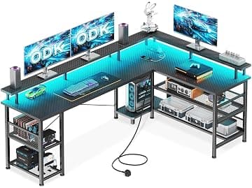 ODK L Shaped Gaming Desk with LED Lights & Power Outlets, 168×120cm Reversible Corner Desk… product image
