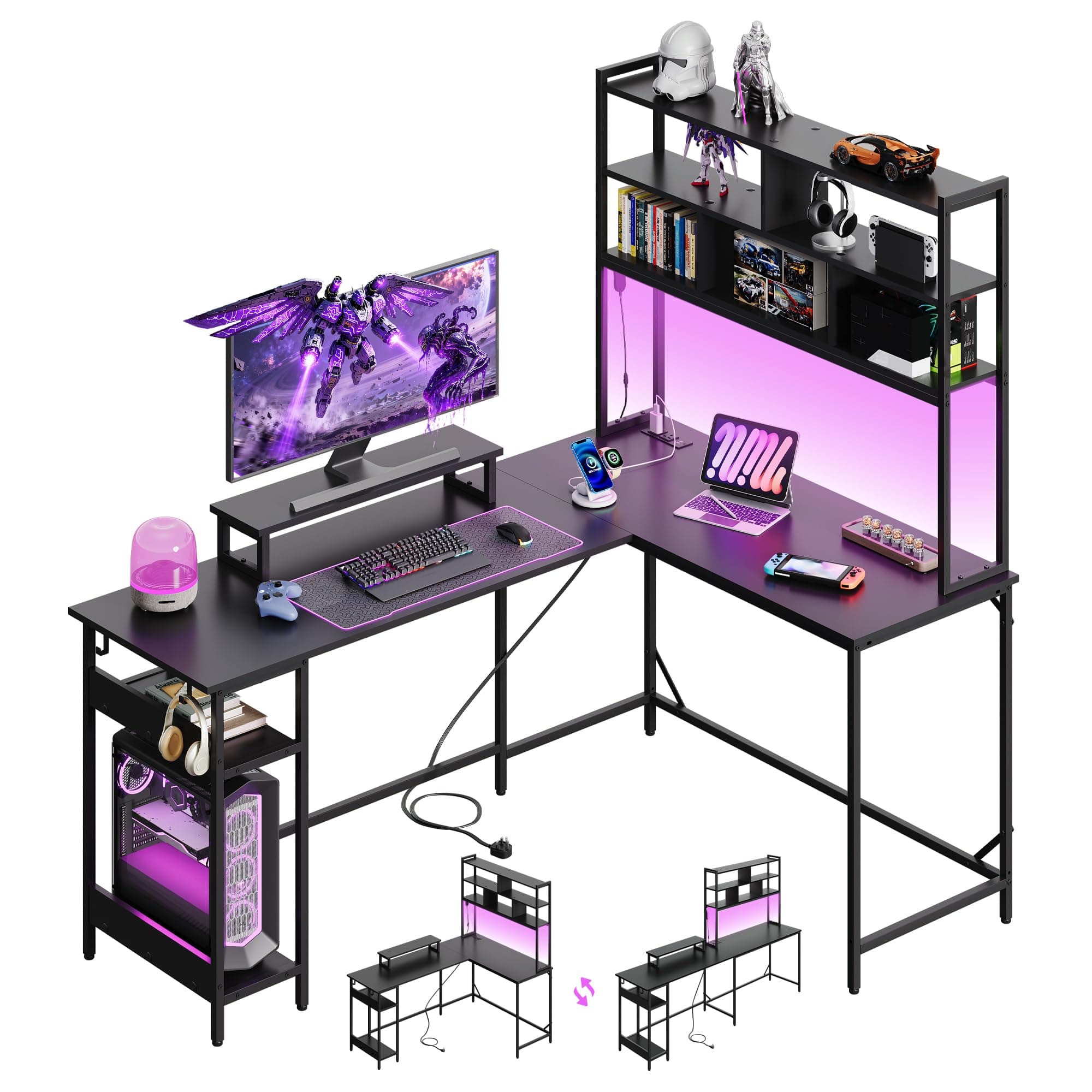 DEVAISE 167cm L Shaped Gaming Desk with Hutch, Reversible Computer Desk with LED Light, 3-Tier… product image