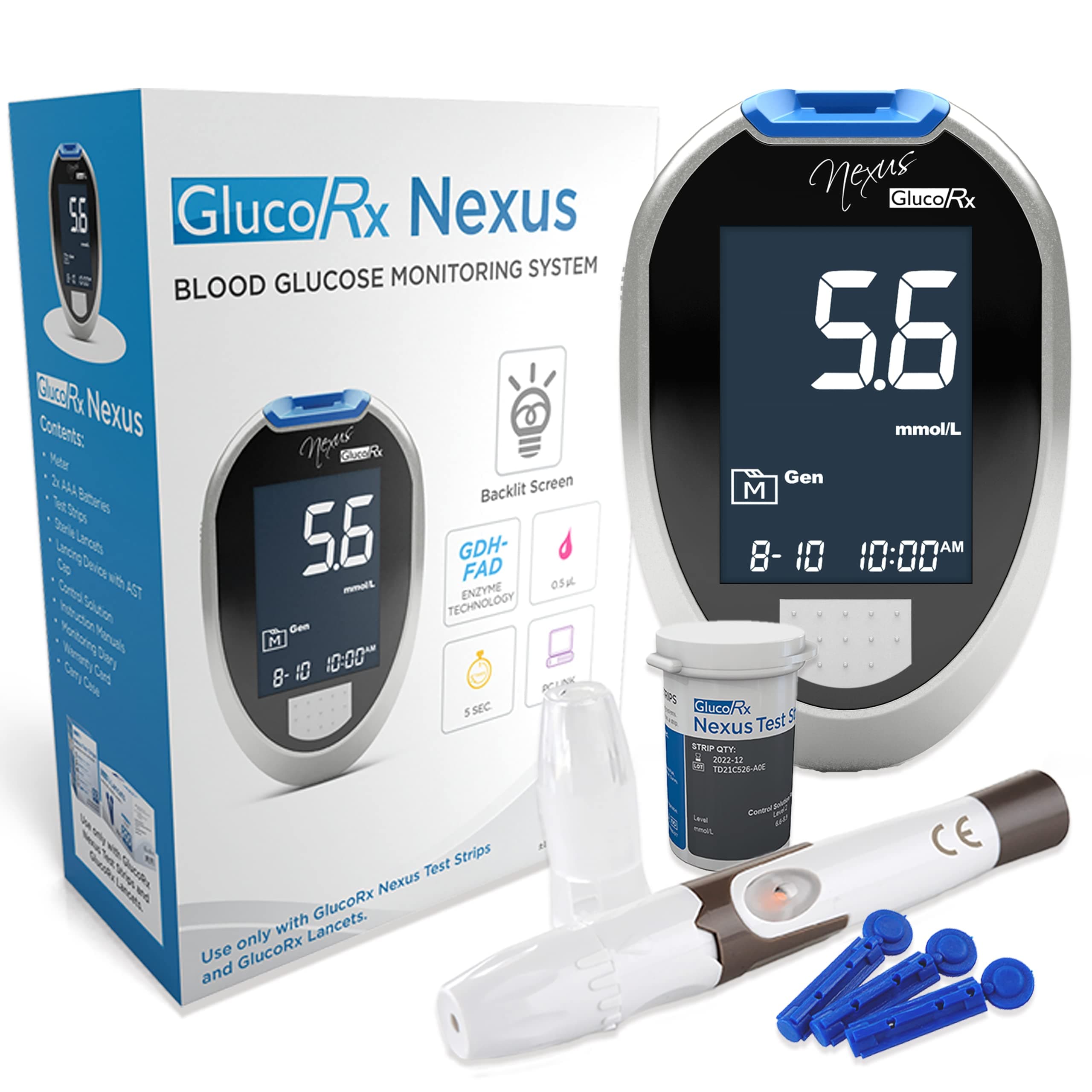 GlucoRx Nexus Blood Glucose Monitoring System Kit (Eligible for VAT relief in the UK) product image