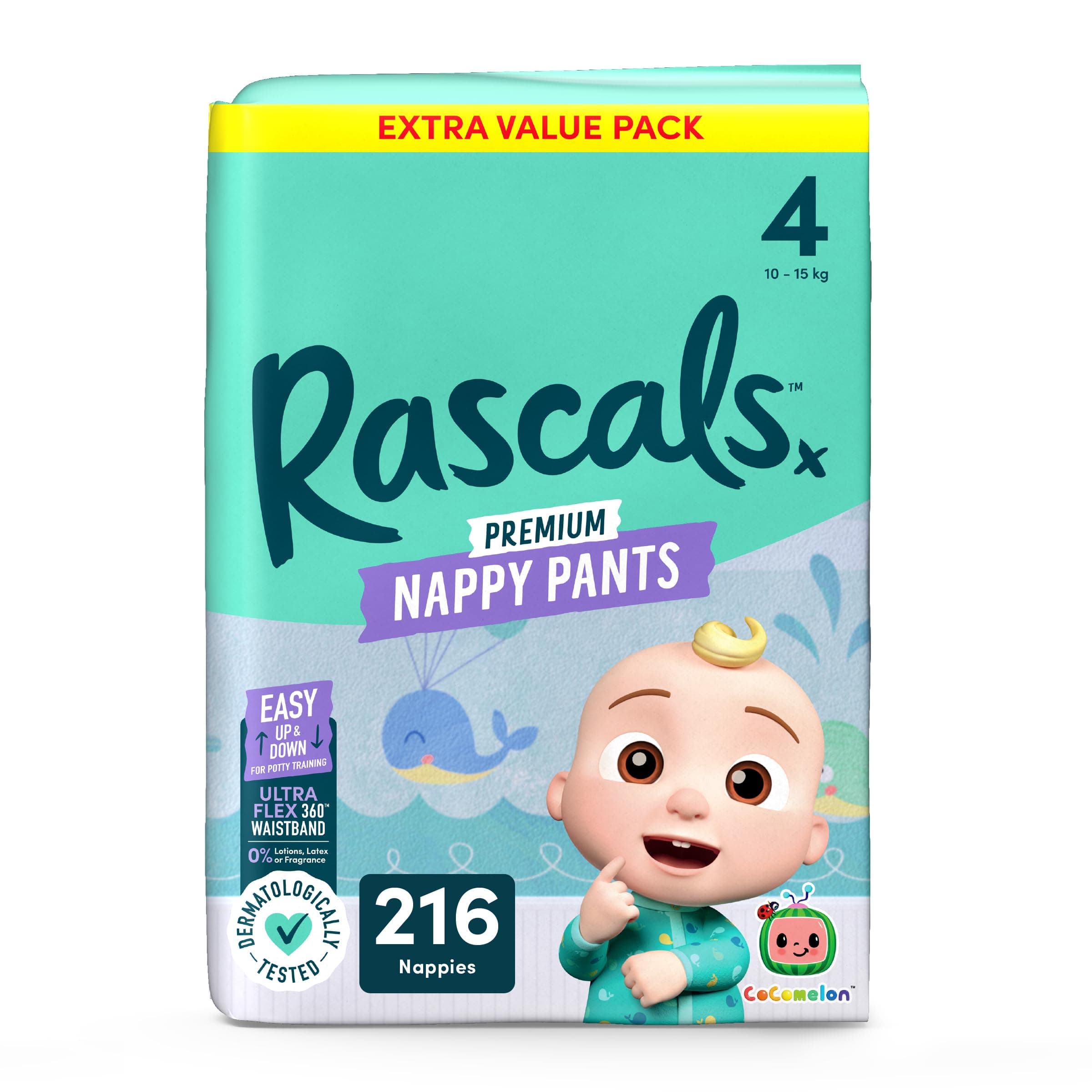 Rascals CoComelon Nappy Pants丨Size 4丨4 Jumbo Poly Pack x 54 Nappies丨Total 216… product image