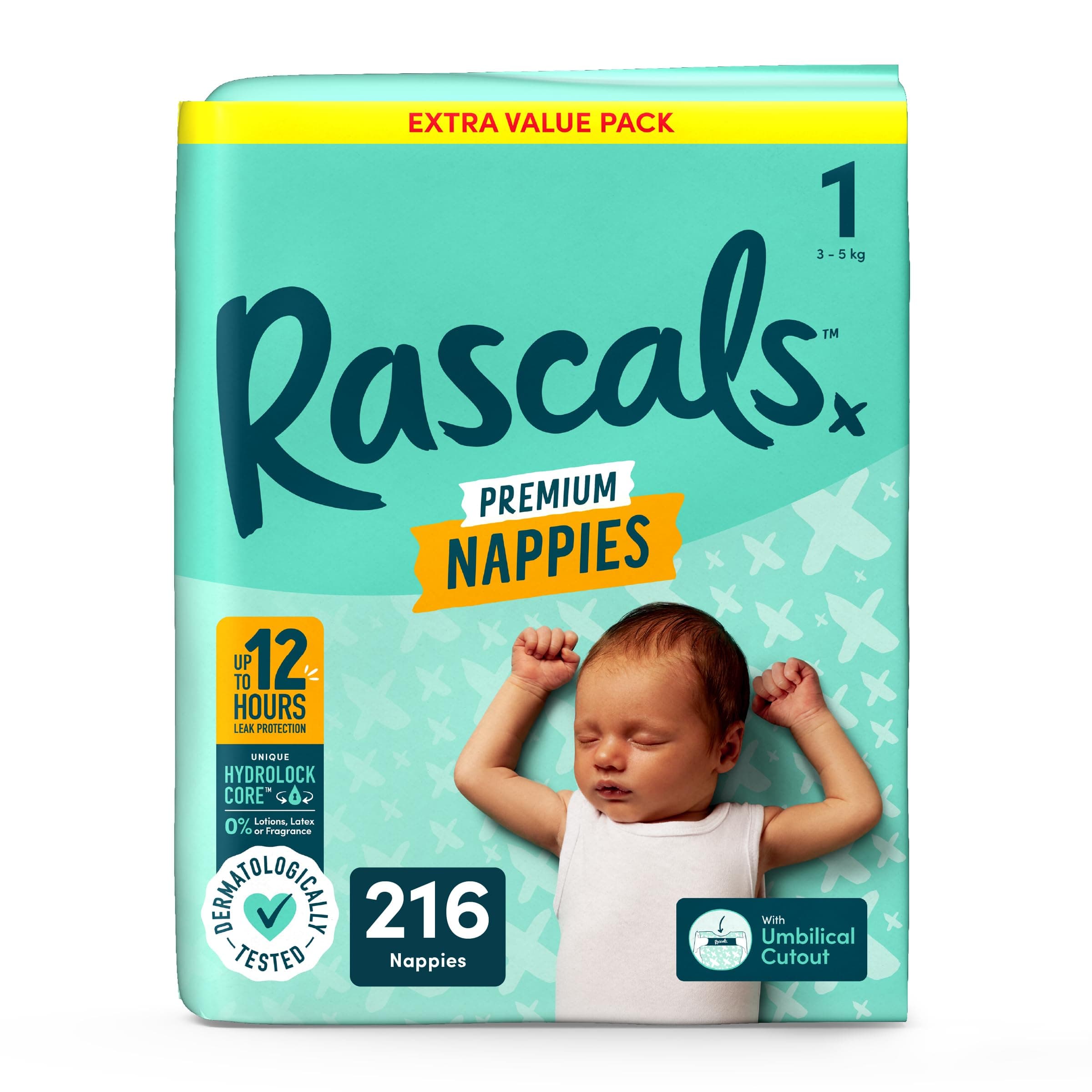 Rascals Premium Nappies丨Size 1丨Total 216 Nappies丨Absorbent丨infant丨overnight Diapers Dry and… product image